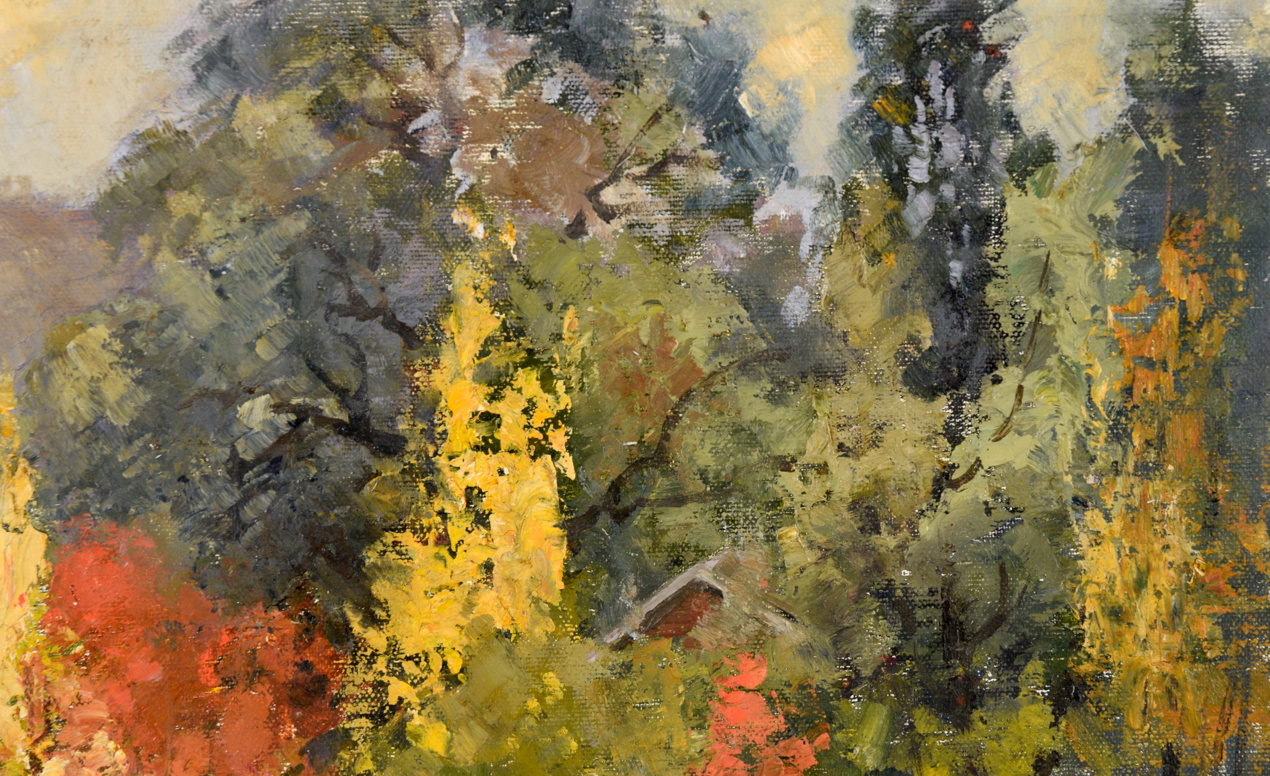 Automne au chalet dans les bois - Paysage à l'huile sur Masonite - Impressionnisme Painting par Evelyn Campbell