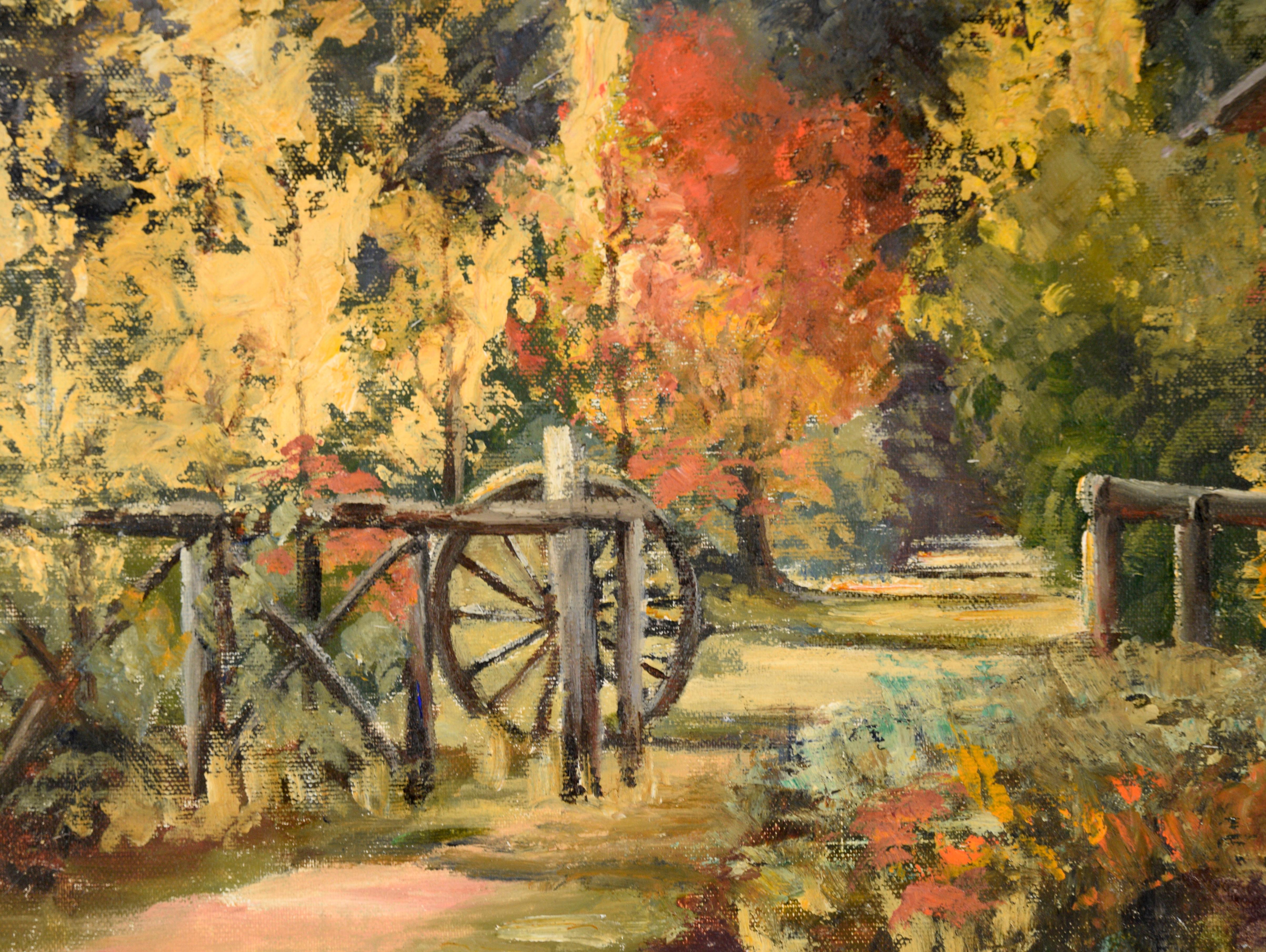 Automne au chalet dans les bois - Paysage à l'huile sur Masonite - Marron Landscape Painting par Evelyn Campbell