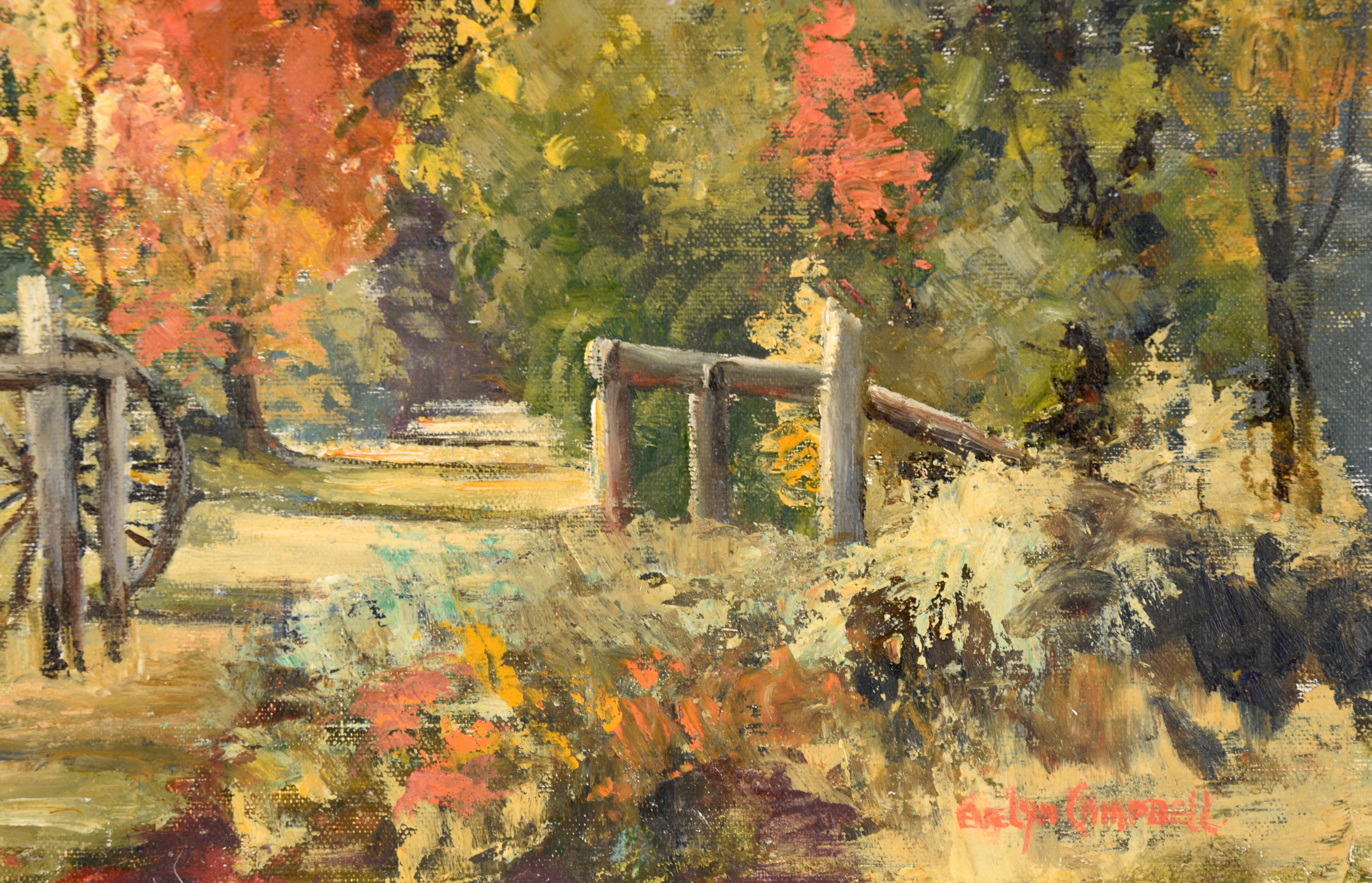 Paysage luxuriant d'une forêt d'automne par Evelyn Campbell (Australie, 20e siècle). Un chemin part de la partie inférieure droite de la composition et passe par une fente ouverte dans une clôture en bois, sur laquelle s'appuie une roue de chariot.
