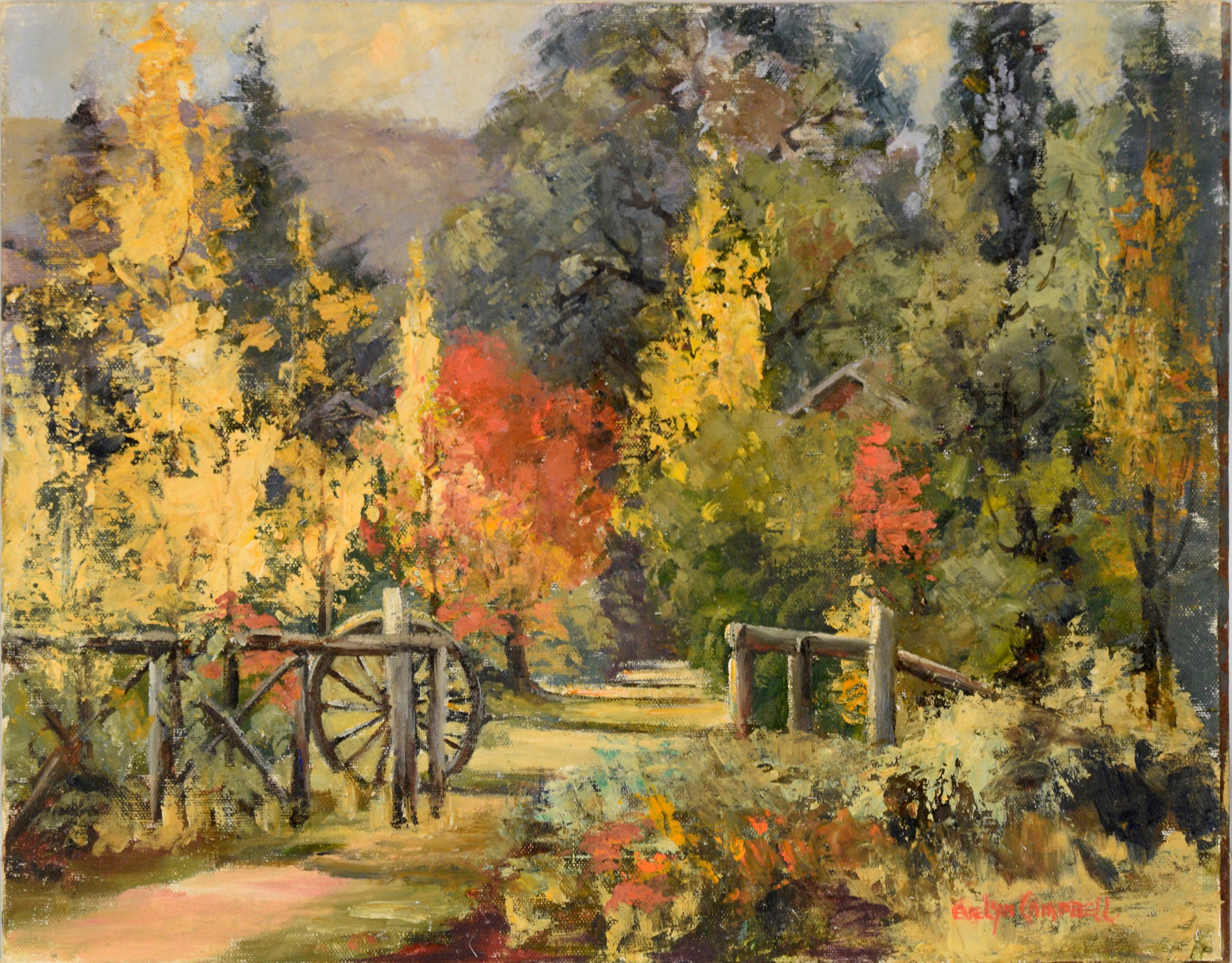 Evelyn Campbell Landscape Painting - Autumn at the Cottage in the Woods - Landscape in oil on Masonite