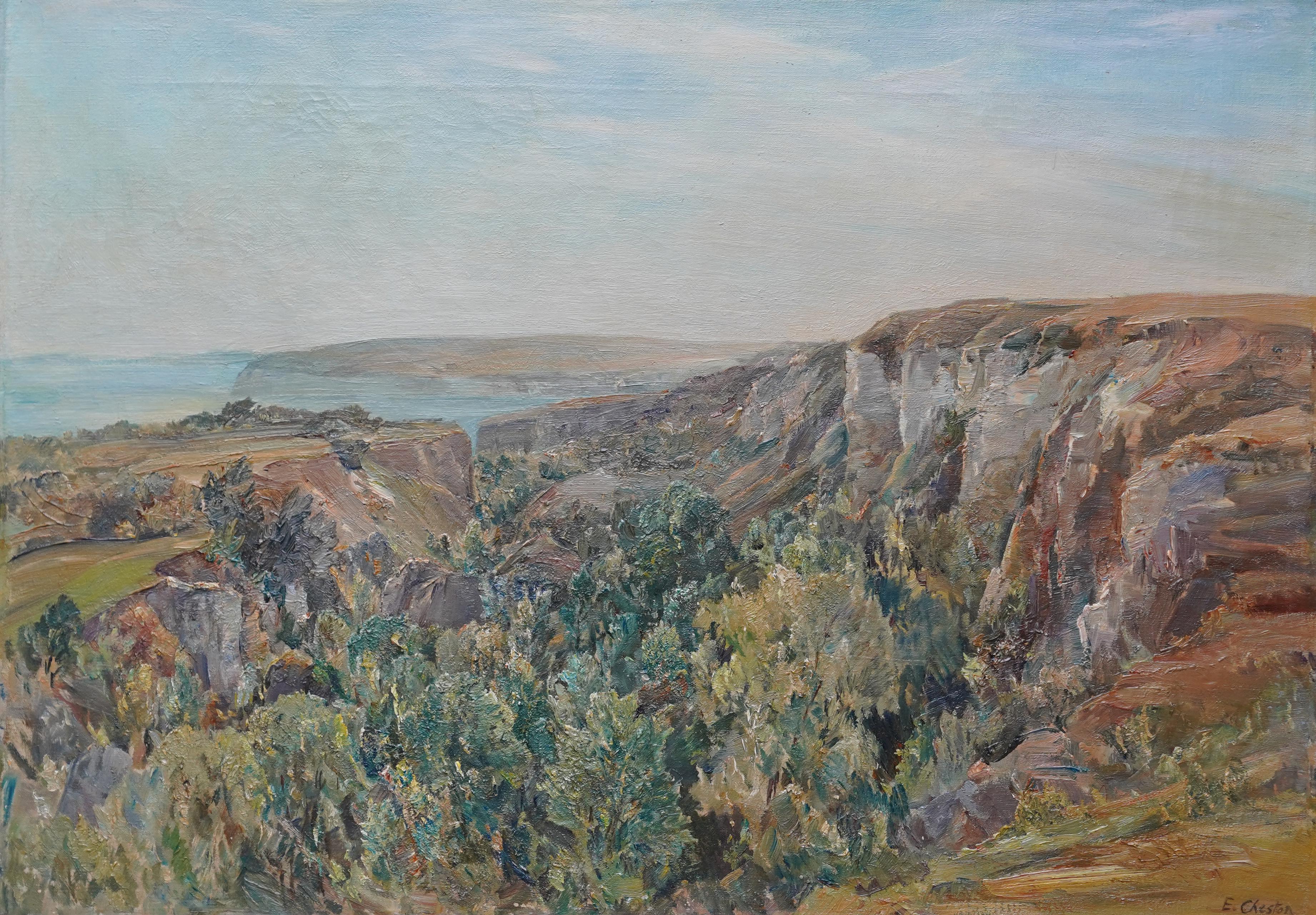 The Landslip Coastal View - British 1920s art landscape oil painting NEAC artist - Painting by Evelyn Cheston