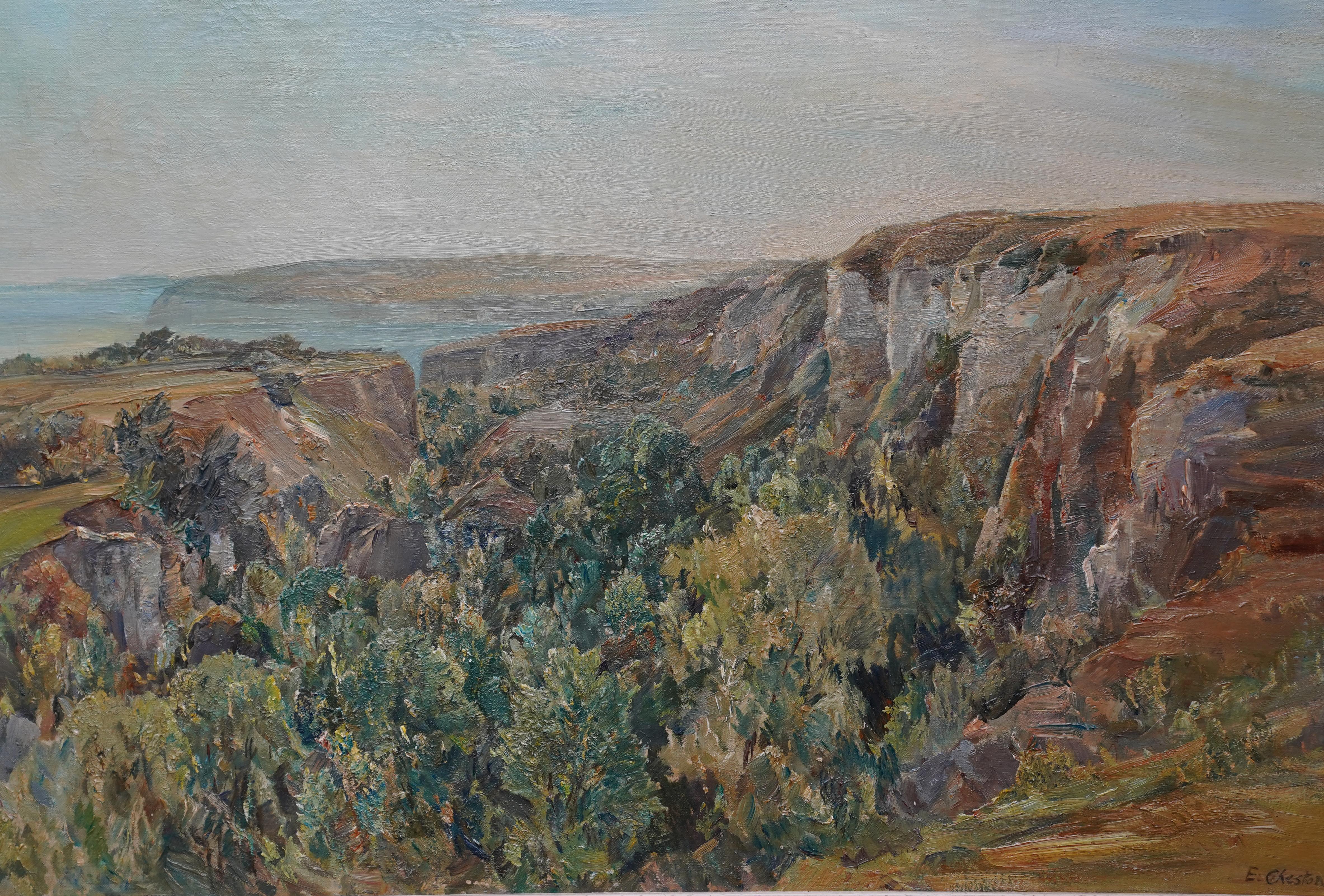 The Landslip Coastal View - British 1920s art landscape oil painting NEAC artist - Realist Painting by Evelyn Cheston