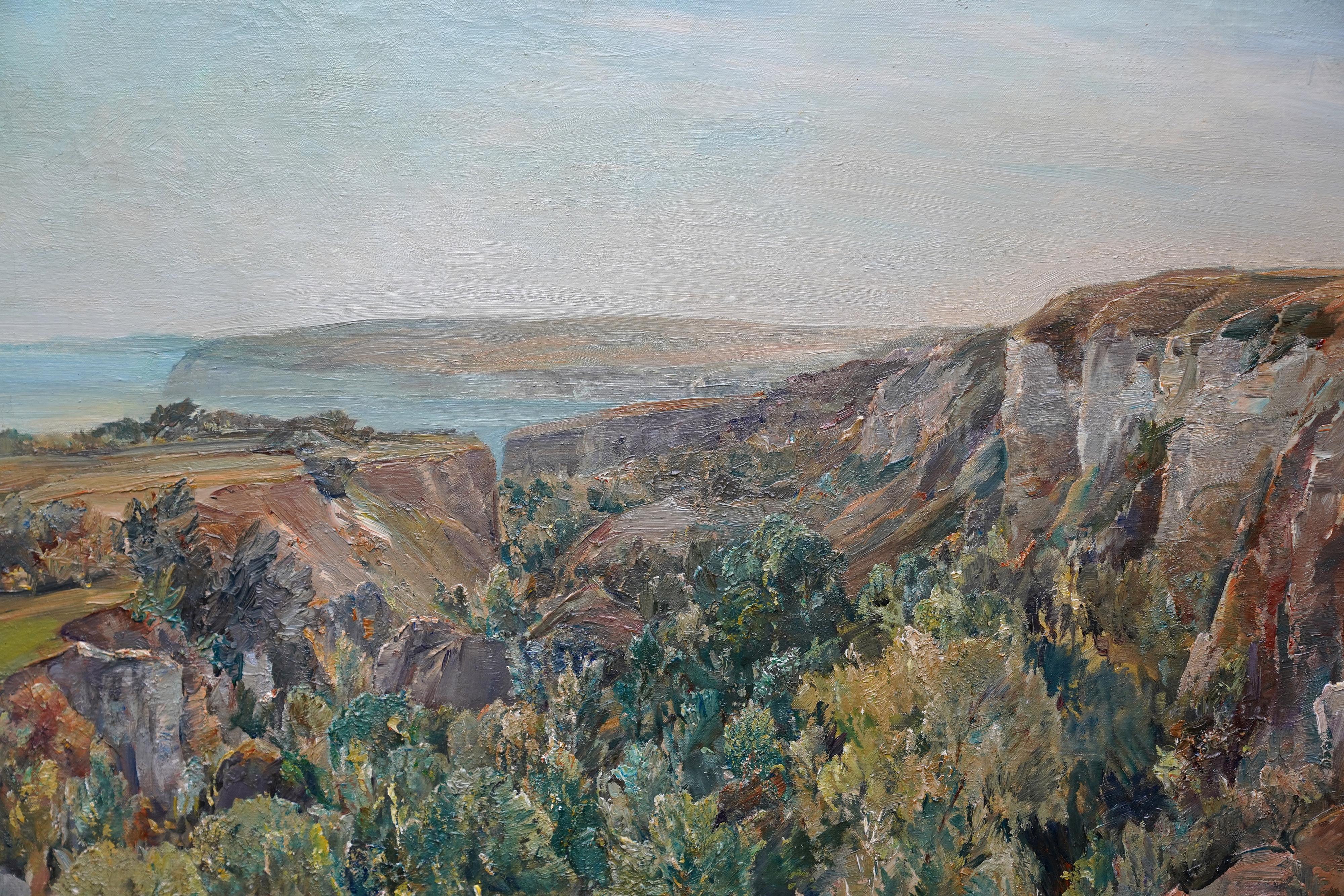 This lovely, exhibited landscape oil painting is by British New English Art Club female artist Evelyn Cheston. It was painted circa 1920 when Cheston was resident in Devon. The view is a coastal landslip landscape. The painting has a wonderful