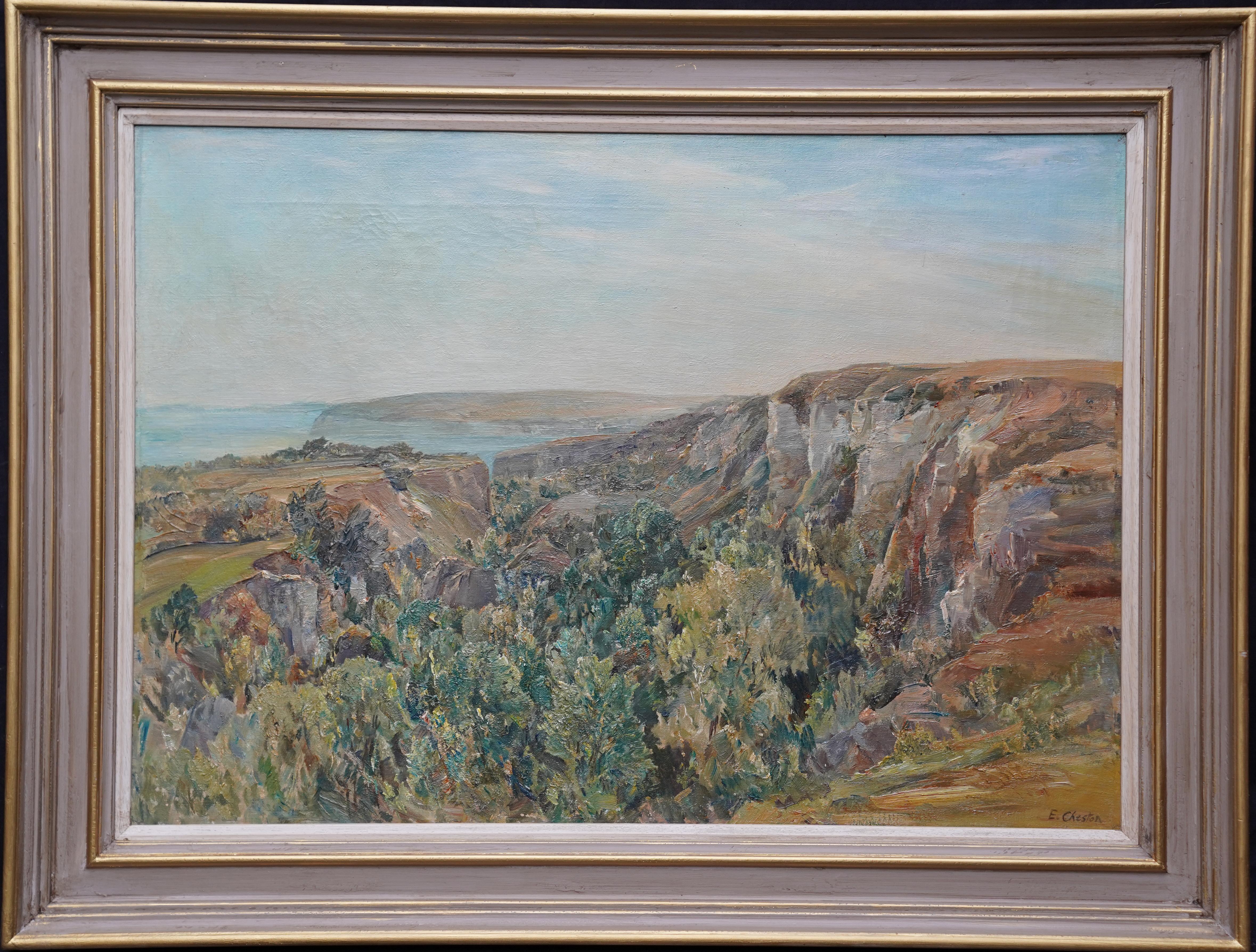 Landscape Painting de Evelyn Cheston - El desprendimiento de tierras Vista costera - Arte británico años 20 paisaje pintura al óleo artista NEAC