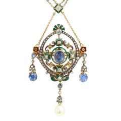 Egyptian Revival Hand Crafted Necklace Brooch Gold Silver Enamel Diamonds 1880