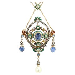 Egyptian Revival Hand Crafted Necklace Brooch Gold Silver Enamel Diamonds 1880