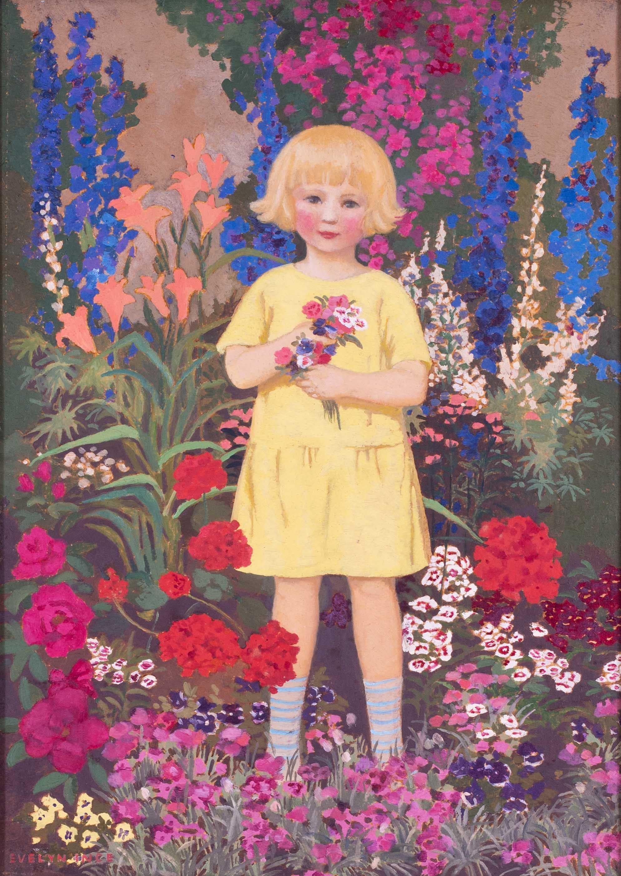 British, Indian early 20th Century oil painting for a girl in a garden - Painting by Evelyn Grace Ince