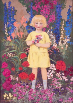 British, Indian early 20th Century oil painting for a girl in a garden