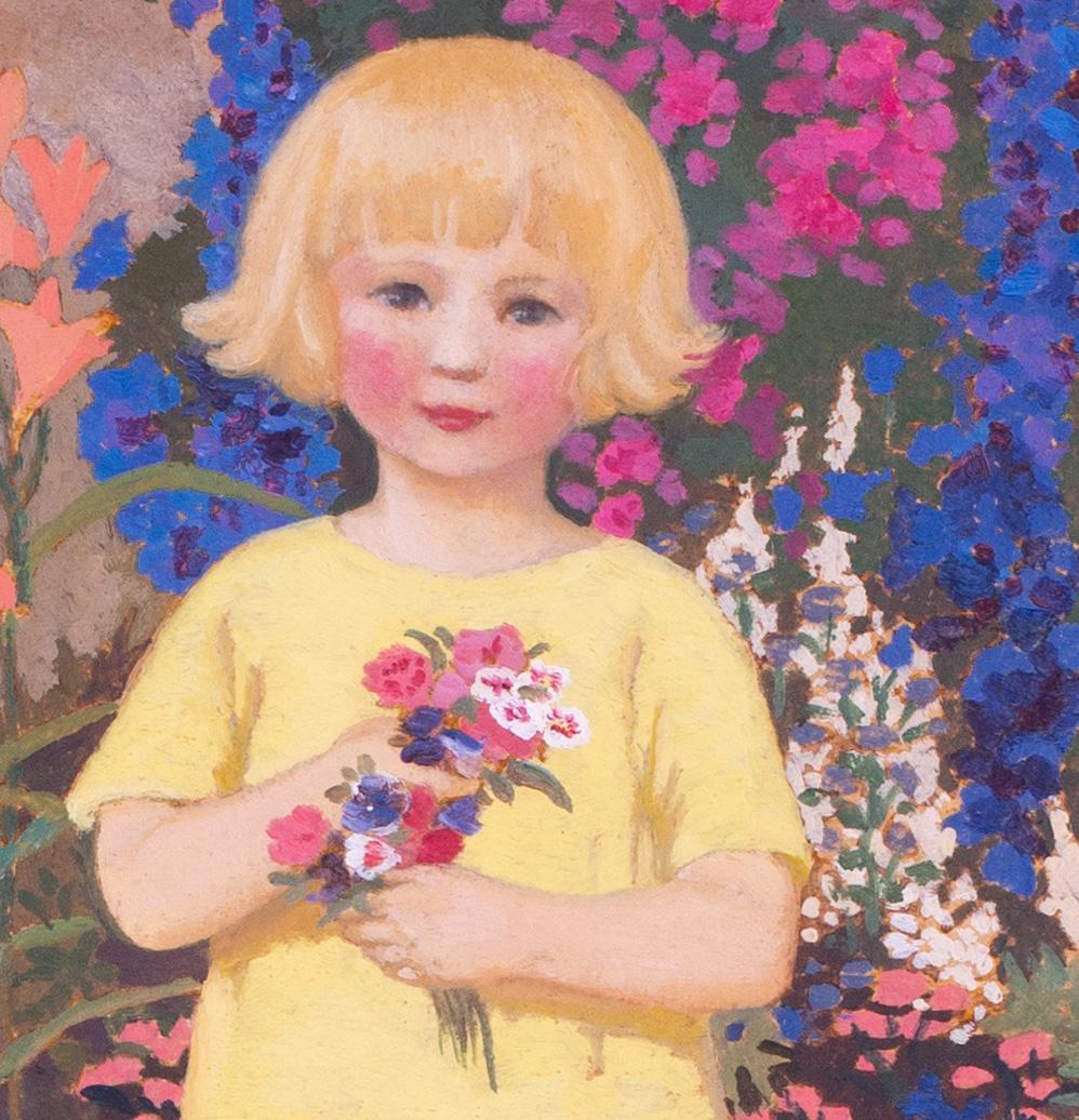 Peinture à l'huile britannique, indienne, début du 20e siècle, représentant une jeune fille dans un jardin en vente 1