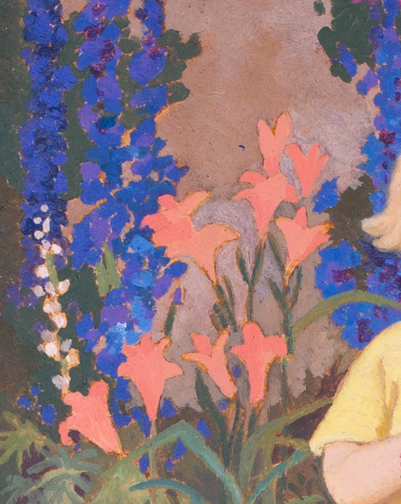 Peinture à l'huile britannique, indienne, début du 20e siècle, représentant une jeune fille dans un jardin en vente 2