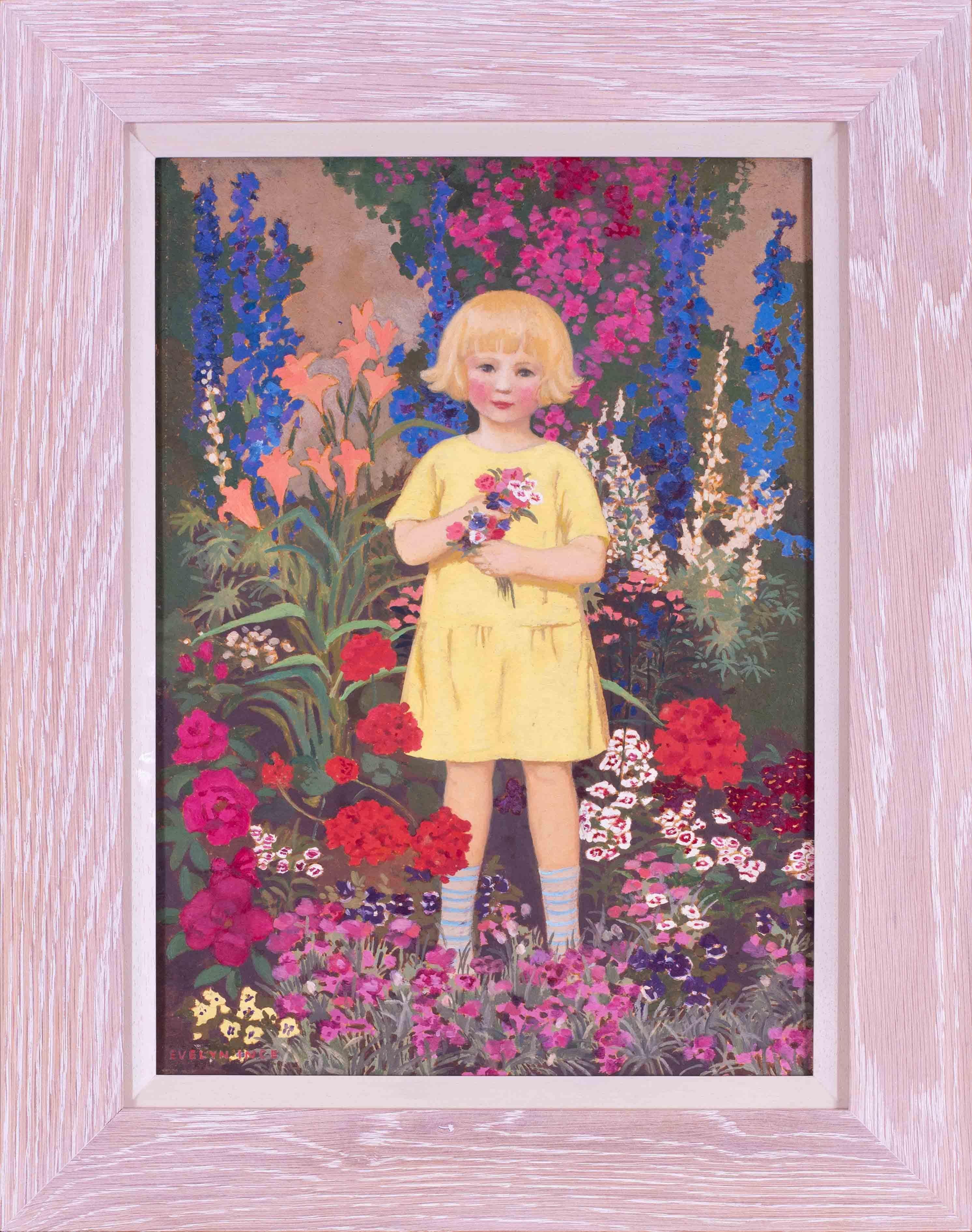 Figurative Painting Evelyn Grace Ince - Peinture à l'huile britannique, indienne, début du 20e siècle, représentant une jeune fille dans un jardin