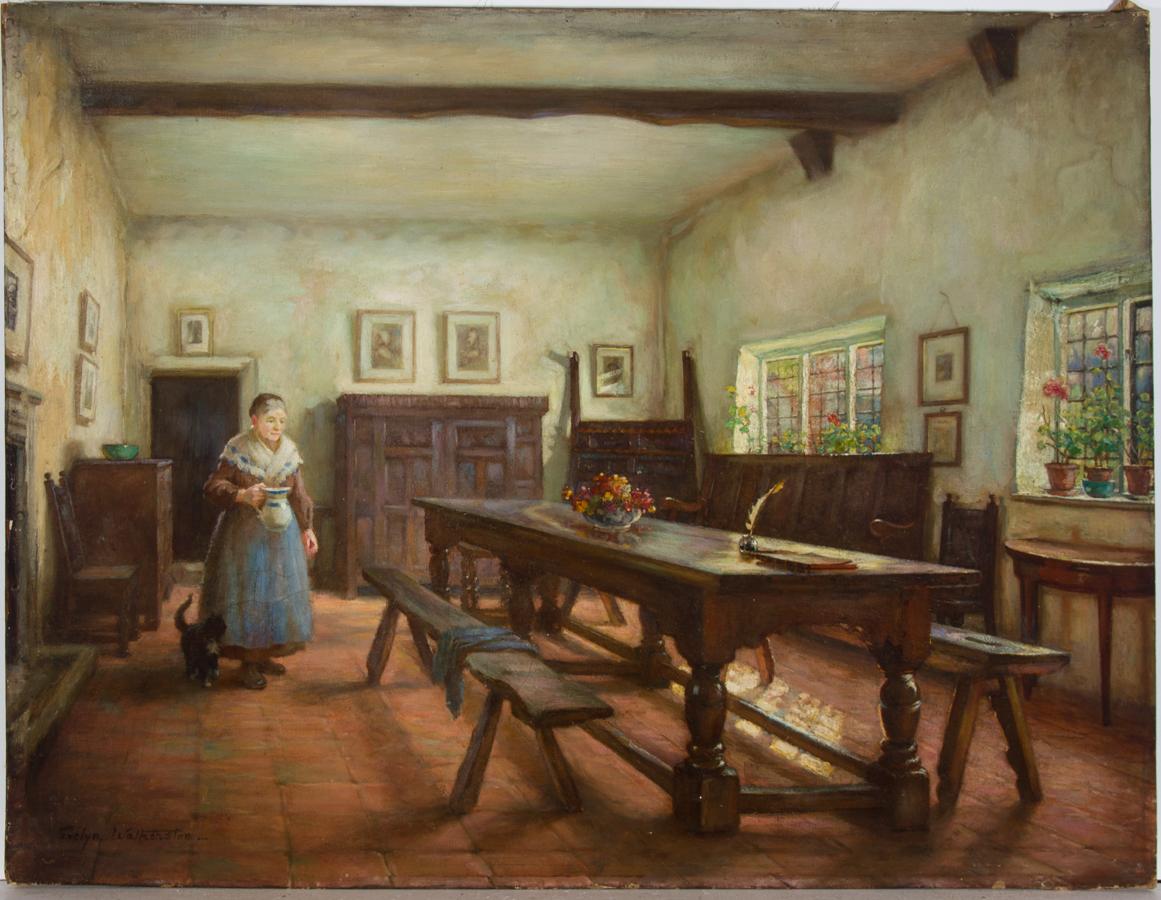 Sulis Fine Art est fier de présenter cet exquis intérieur avec figure, par l'artiste britannique Evelyn Mary Watherston RA (1880-1952). Au centre de la scène intérieure sombre se trouve une figure féminine âgée, en robe du début du XXe siècle,