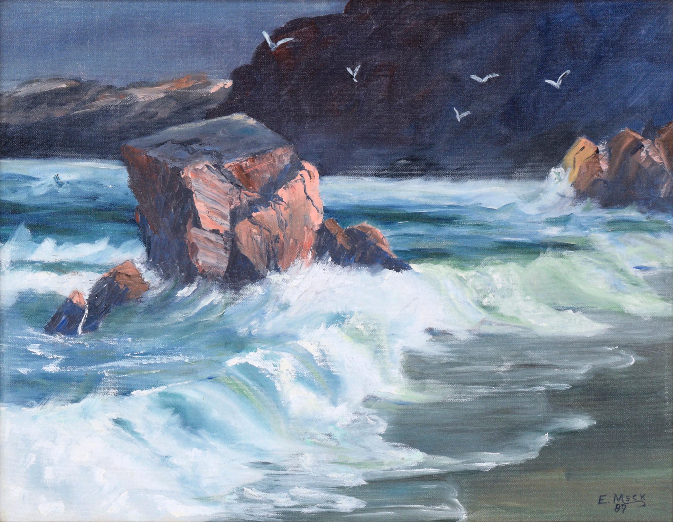 Paysage marin du Pacifique à l'huile sur toile - Monterey Big Sur - Painting de Evelyn Meck