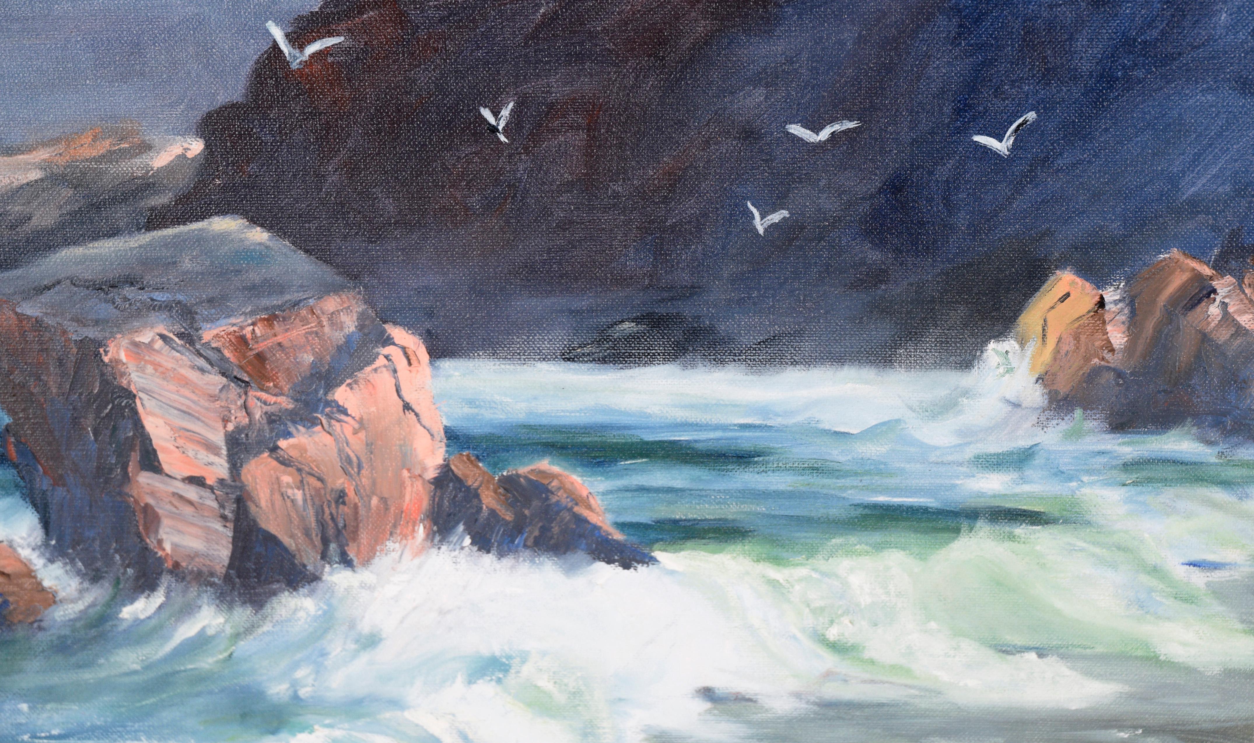 Paysage marin du Pacifique à l'huile sur toile - Monterey Big Sur - Noir Landscape Painting par Evelyn Meck
