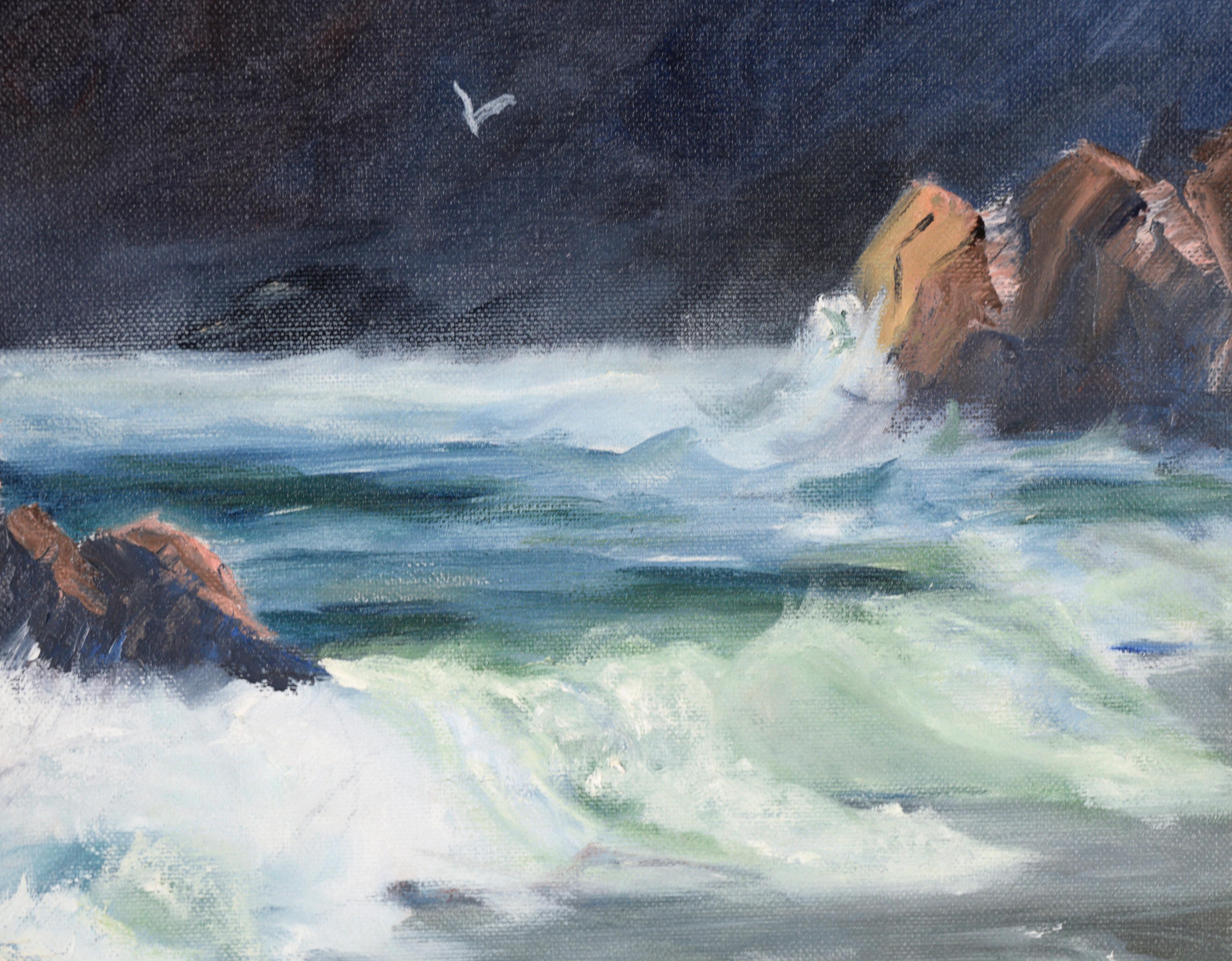 Pacific Coastal Seascape in Oil on Canvas

Dynamic seascape by Evelyn Webb Meck (American, 1915-2011). Waves are crashing in around large rocks that are just offshore. In the background, a large cliff stretches across the composition, creating a