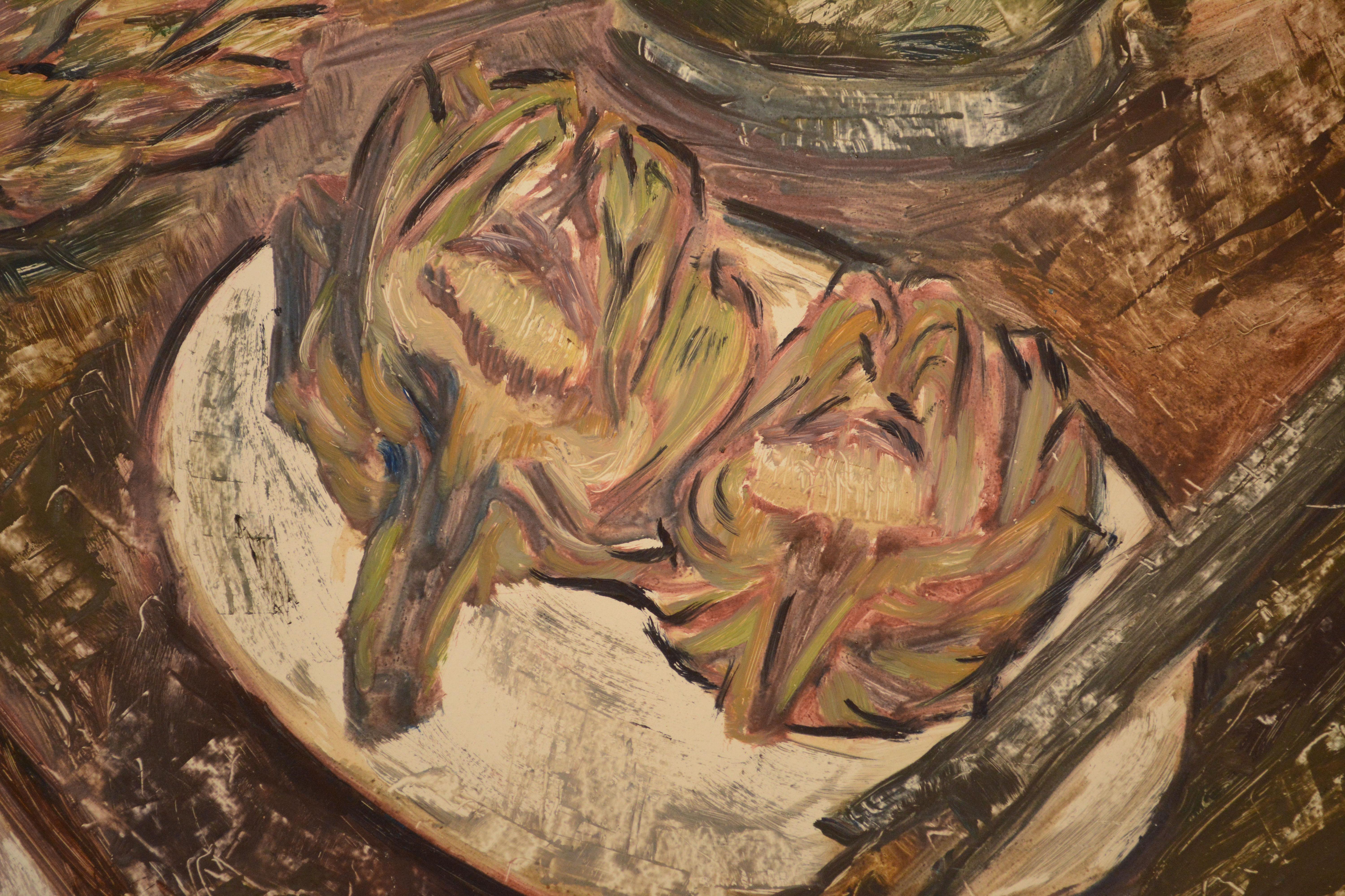 Still Life with Artichokes - Brown Still-Life Painting by Evelyn Metzger