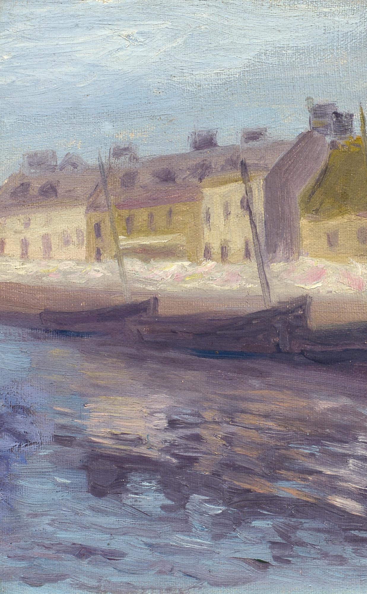 Landscape Painting Evelyn Rumsey Lord - Côte bretonne, 1907, Impressionniste, Rivière, Chalets, Bateaux