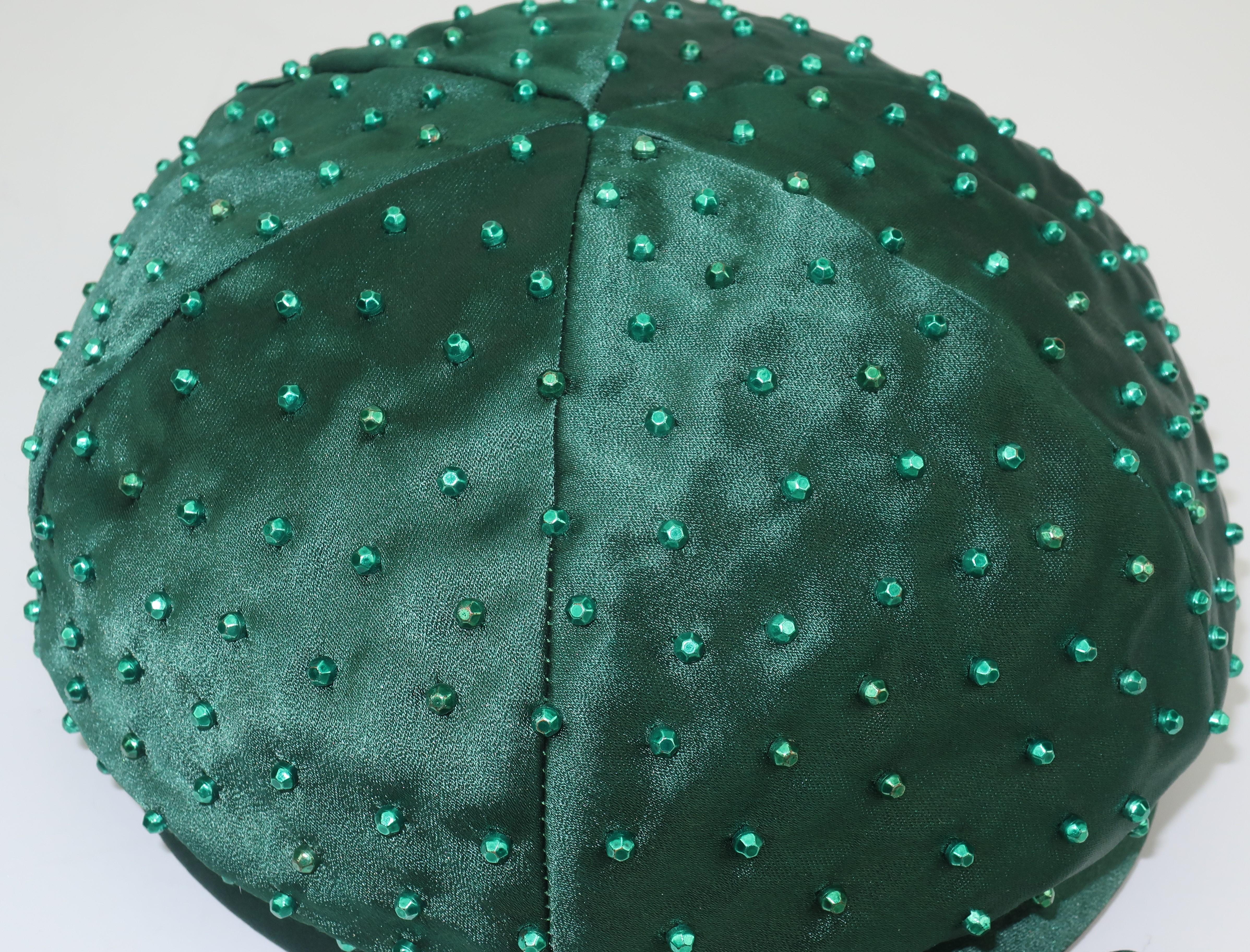 Evelyn Varon Green Satin Beaded Hat, 1950's 5