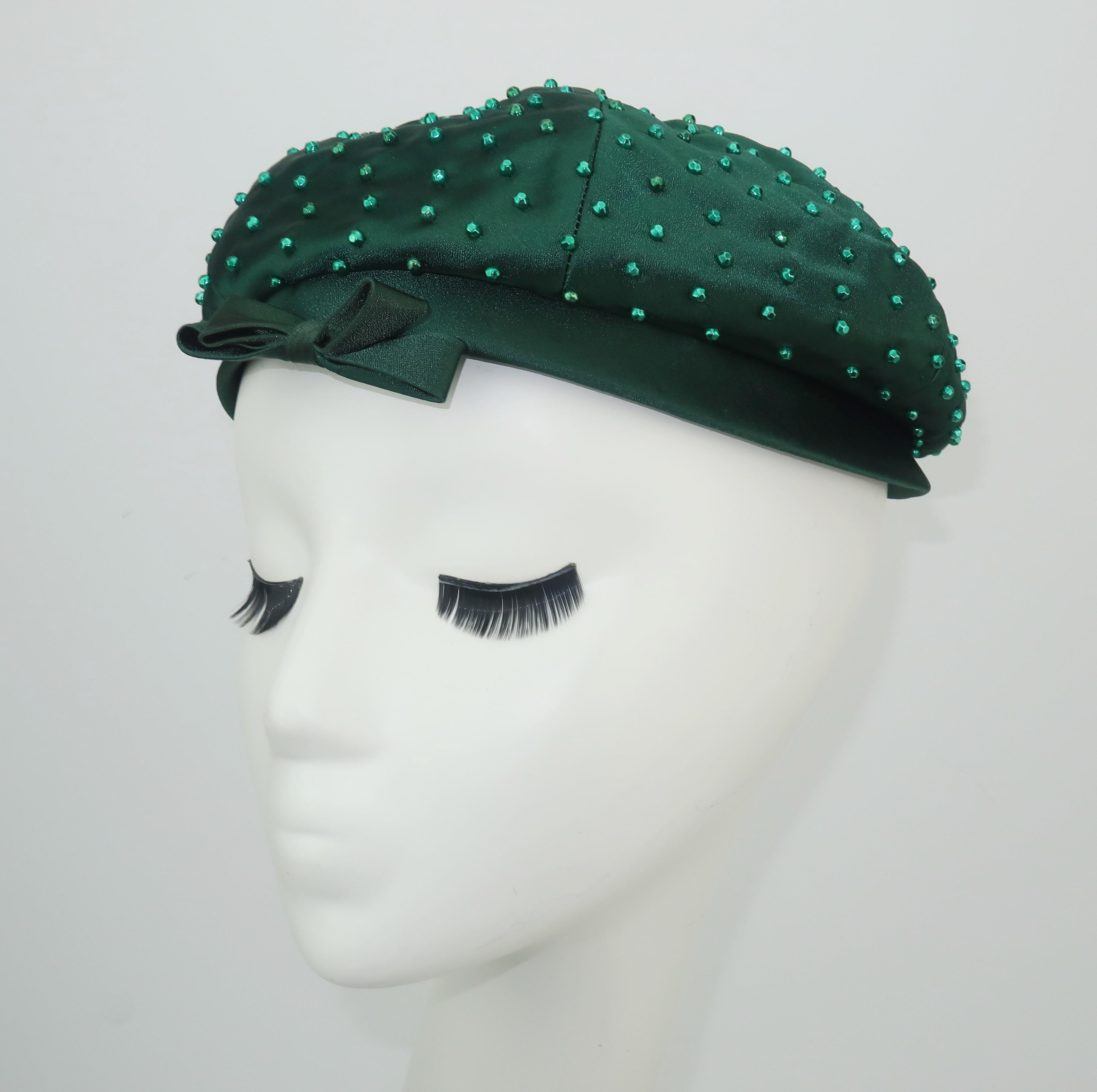 Gray Evelyn Varon Green Satin Beaded Hat, 1950's