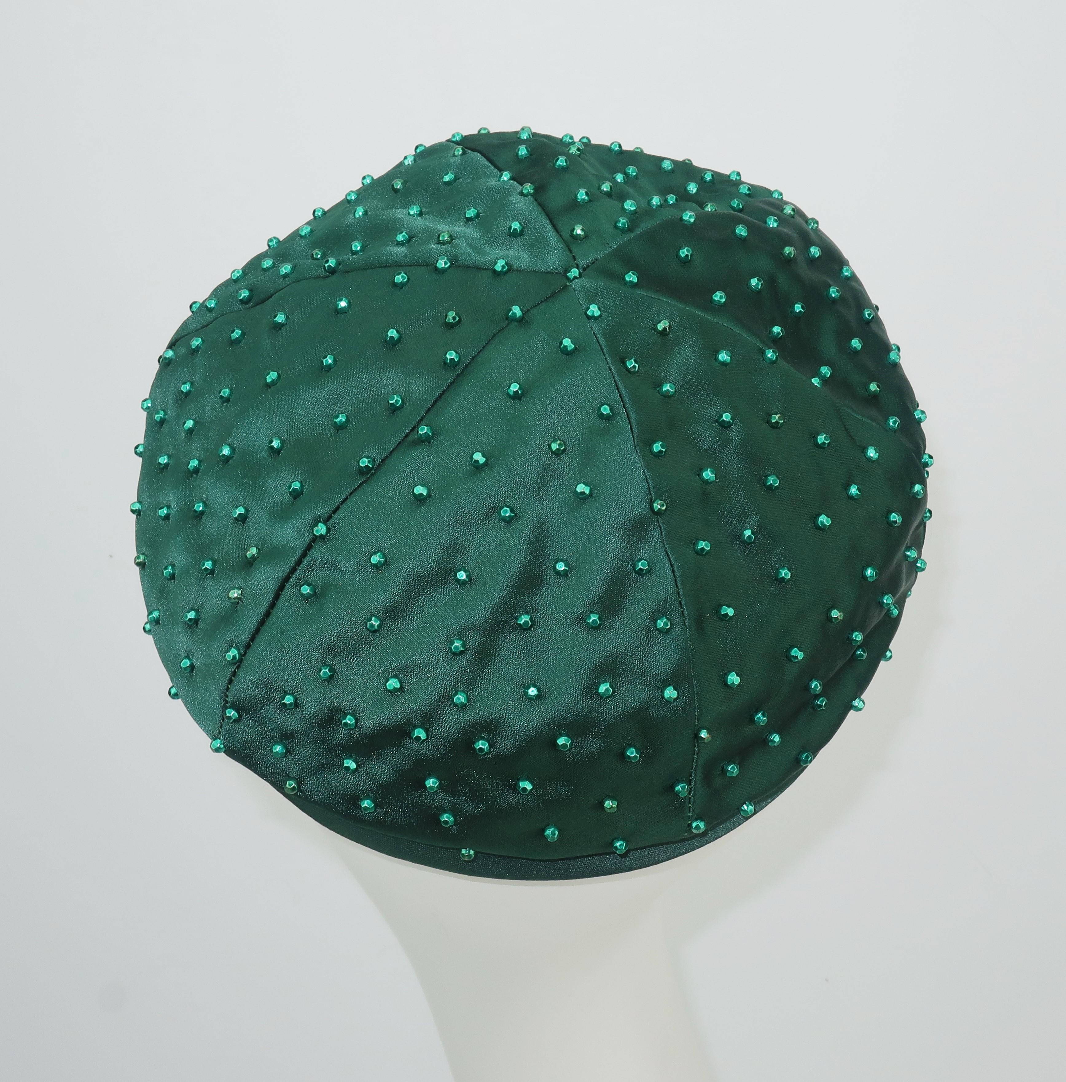 Evelyn Varon Green Satin Beaded Hat, 1950's In Good Condition In Atlanta, GA