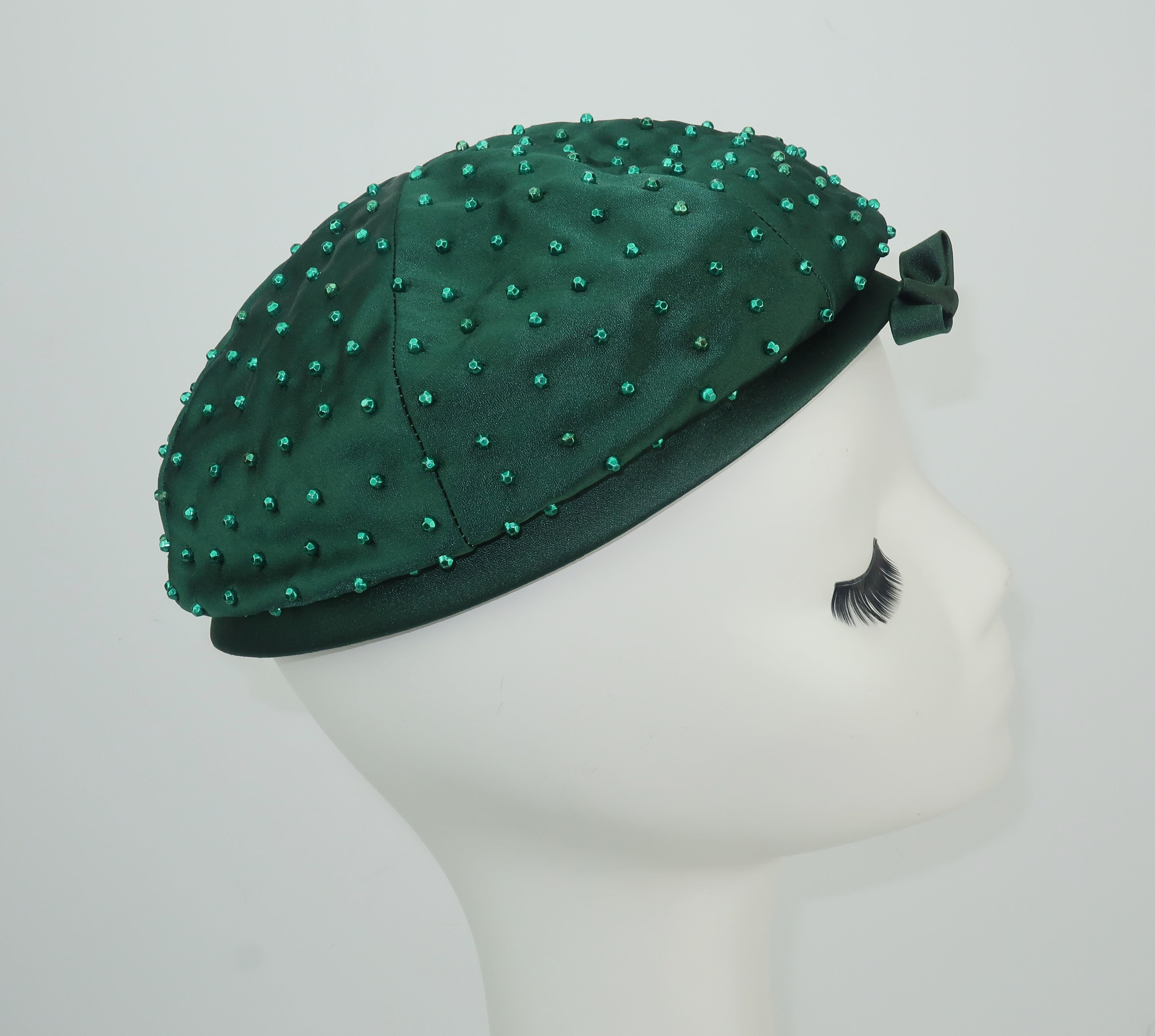 Women's Evelyn Varon Green Satin Beaded Hat, 1950's