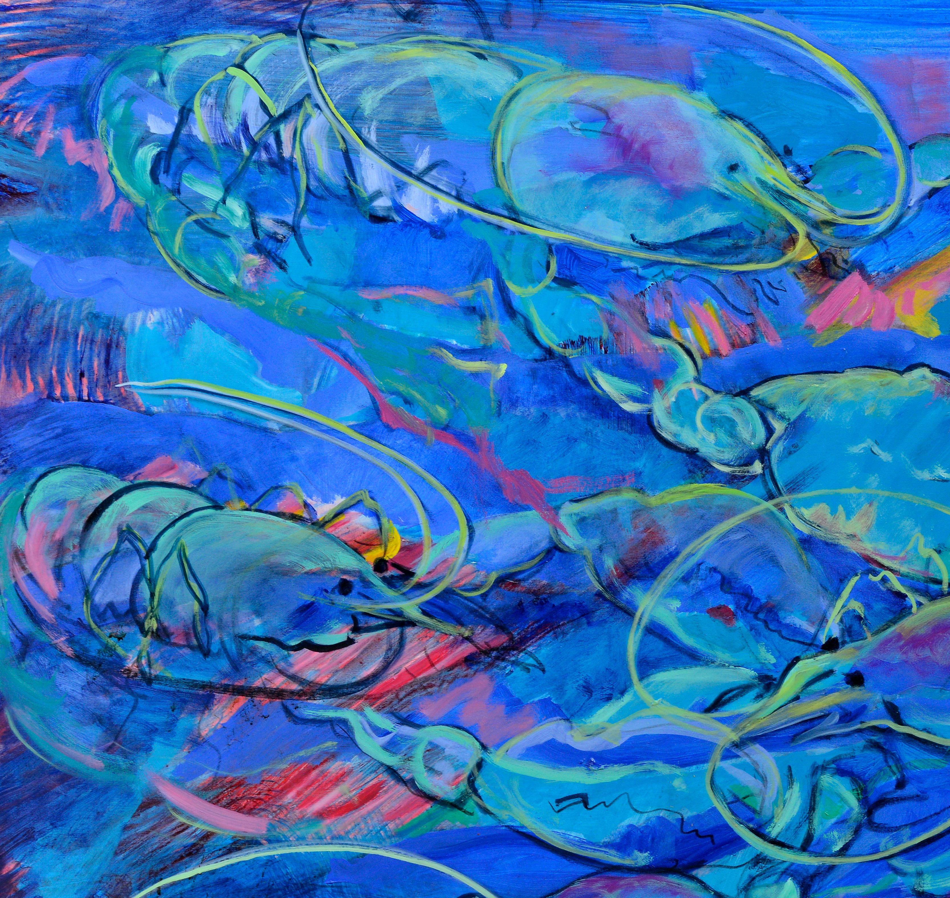Les homards - Bleu Figurative Painting par Evelyne Ballestra