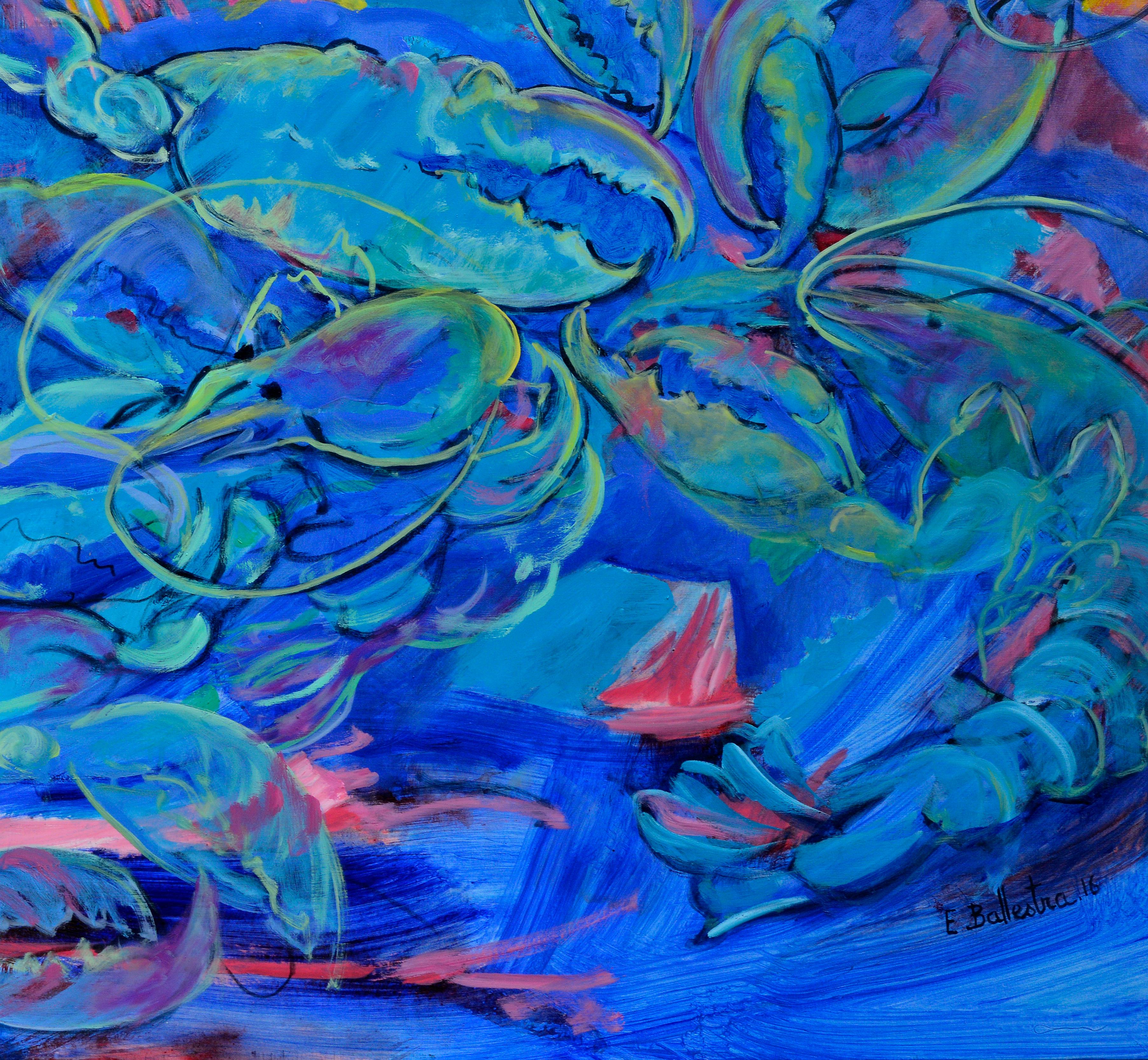The Lobsters - Blue Figurative Painting by Evelyne Ballestra