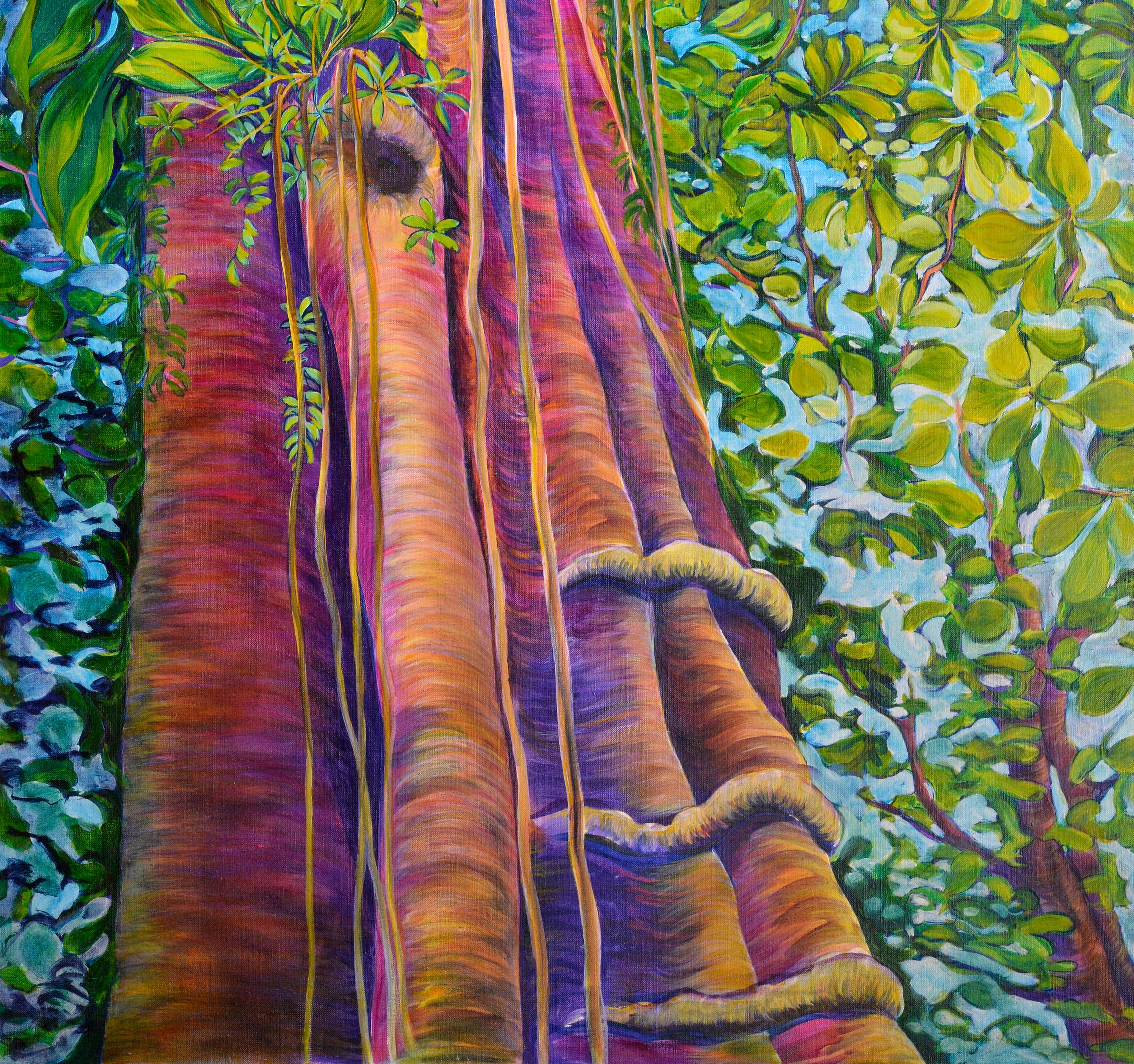 Tropical tree - Gray Landscape Painting by Evelyne Ballestra