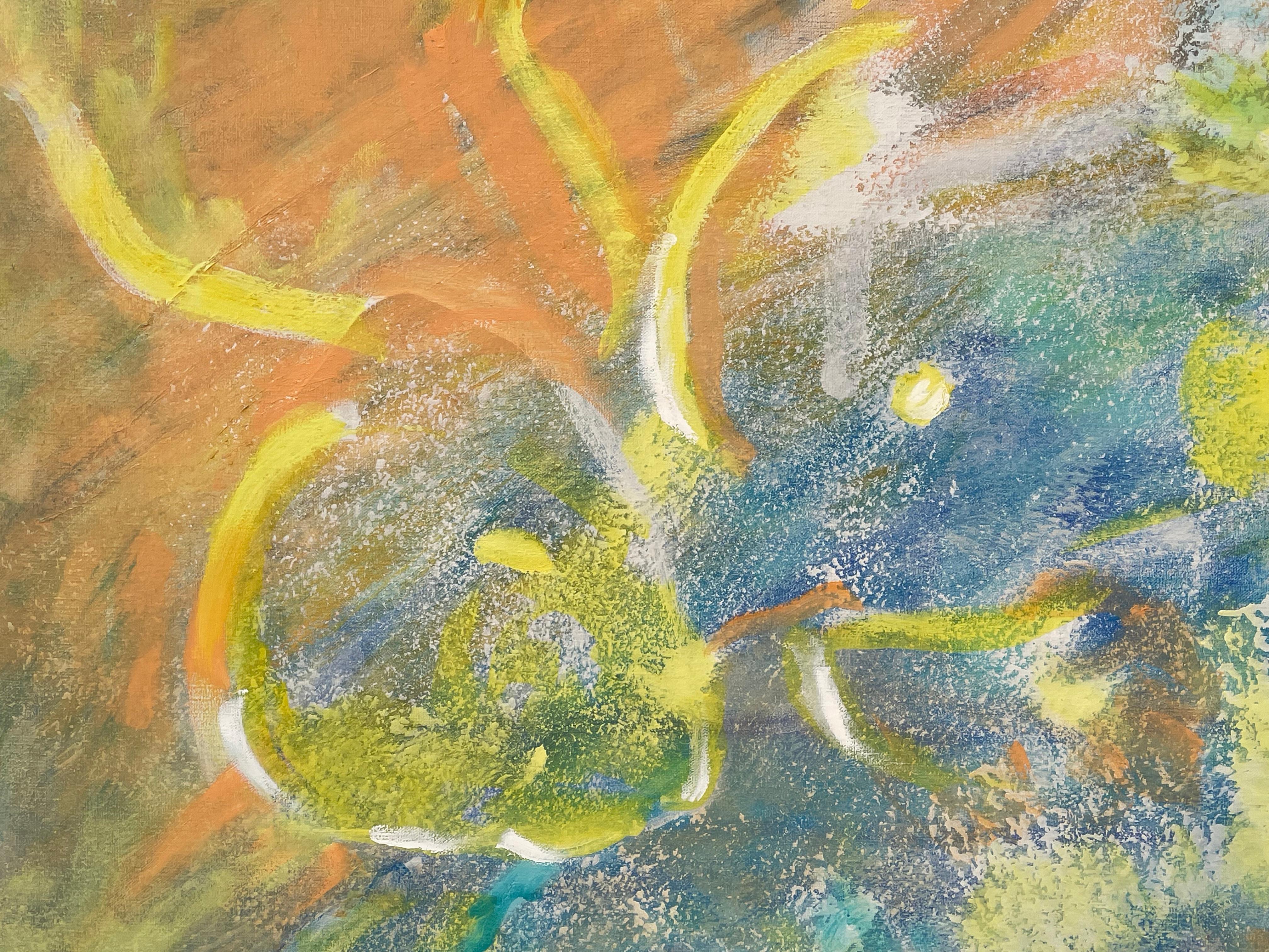 Evelyne Ballestra bringt in jedem Gemälde eine einzigartige Bewegung zum Ausdruck, mit einer sehr subtilen Sinnlichkeit und einem Nebeneinander von Farben, die Licht und Schatten offenbaren und eine Synergie zwischen dem Werk und dem Betrachter