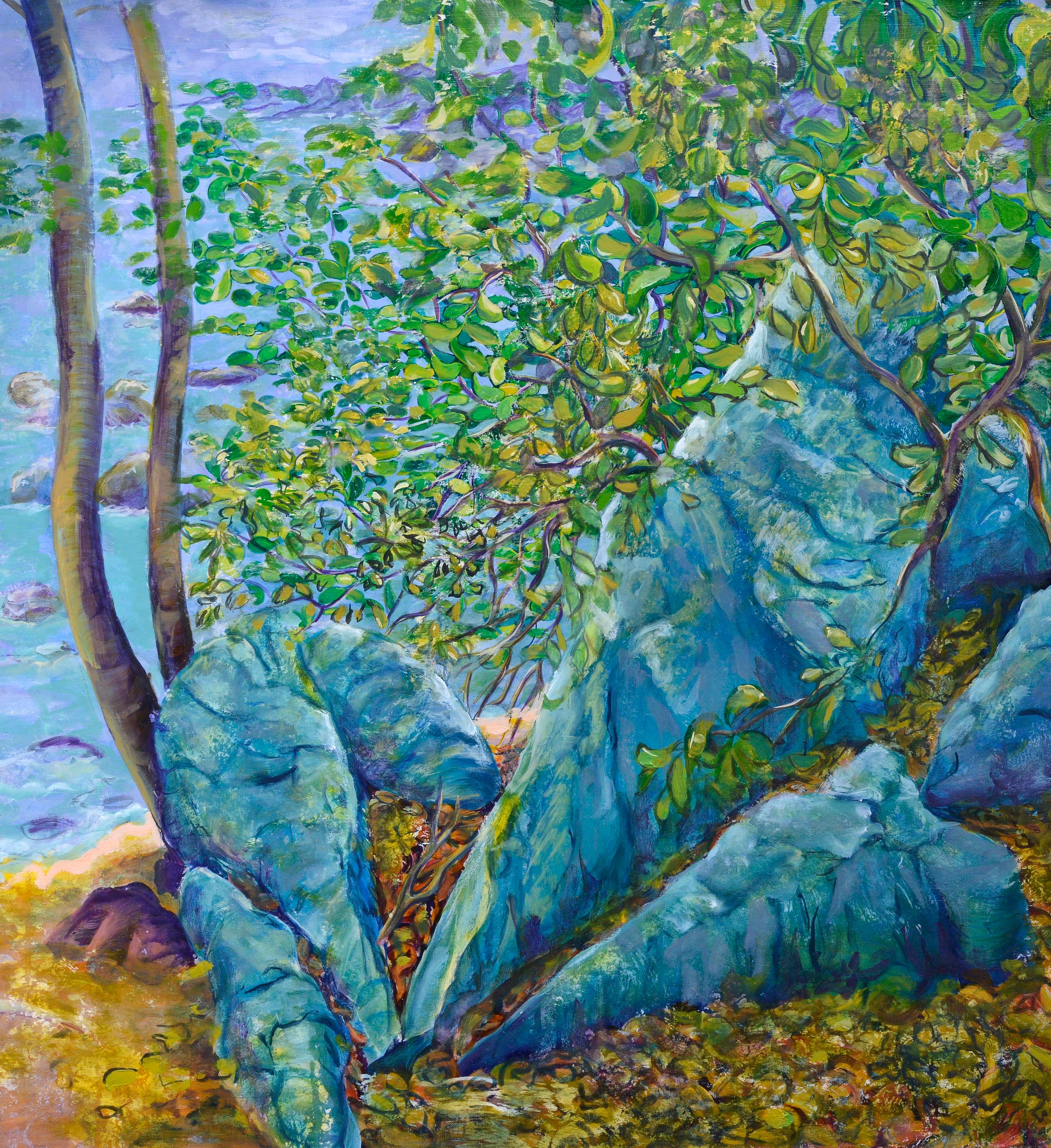 Pierres Bleues des Seychelles – Painting von Evelyne Ballestra