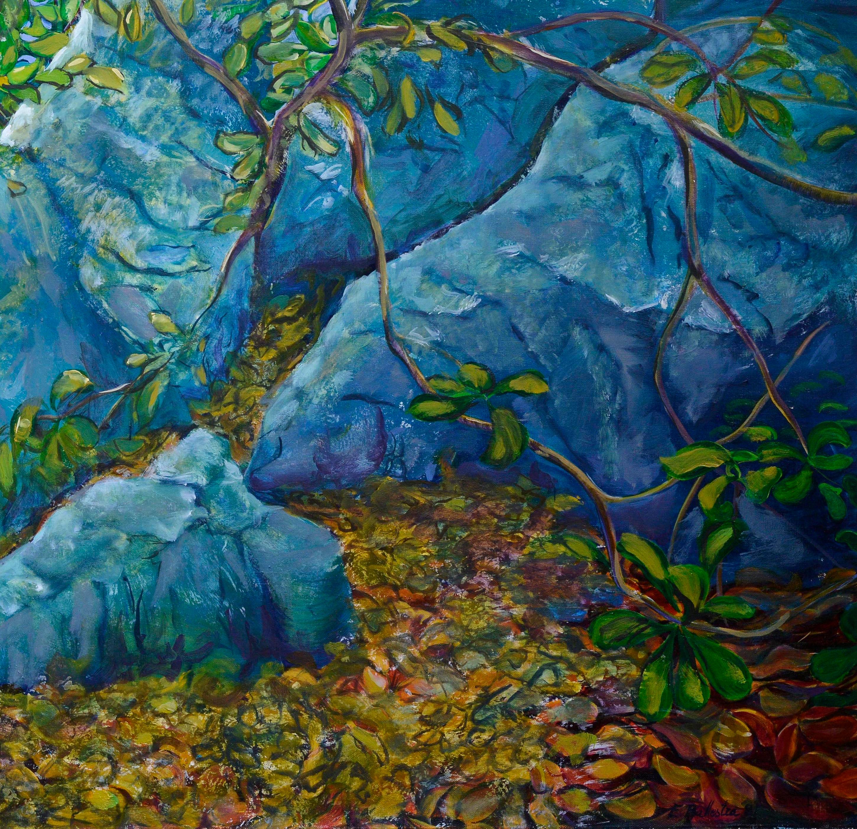 Pierres Bleues des Seychelles (Zeitgenössisch), Painting, von Evelyne Ballestra