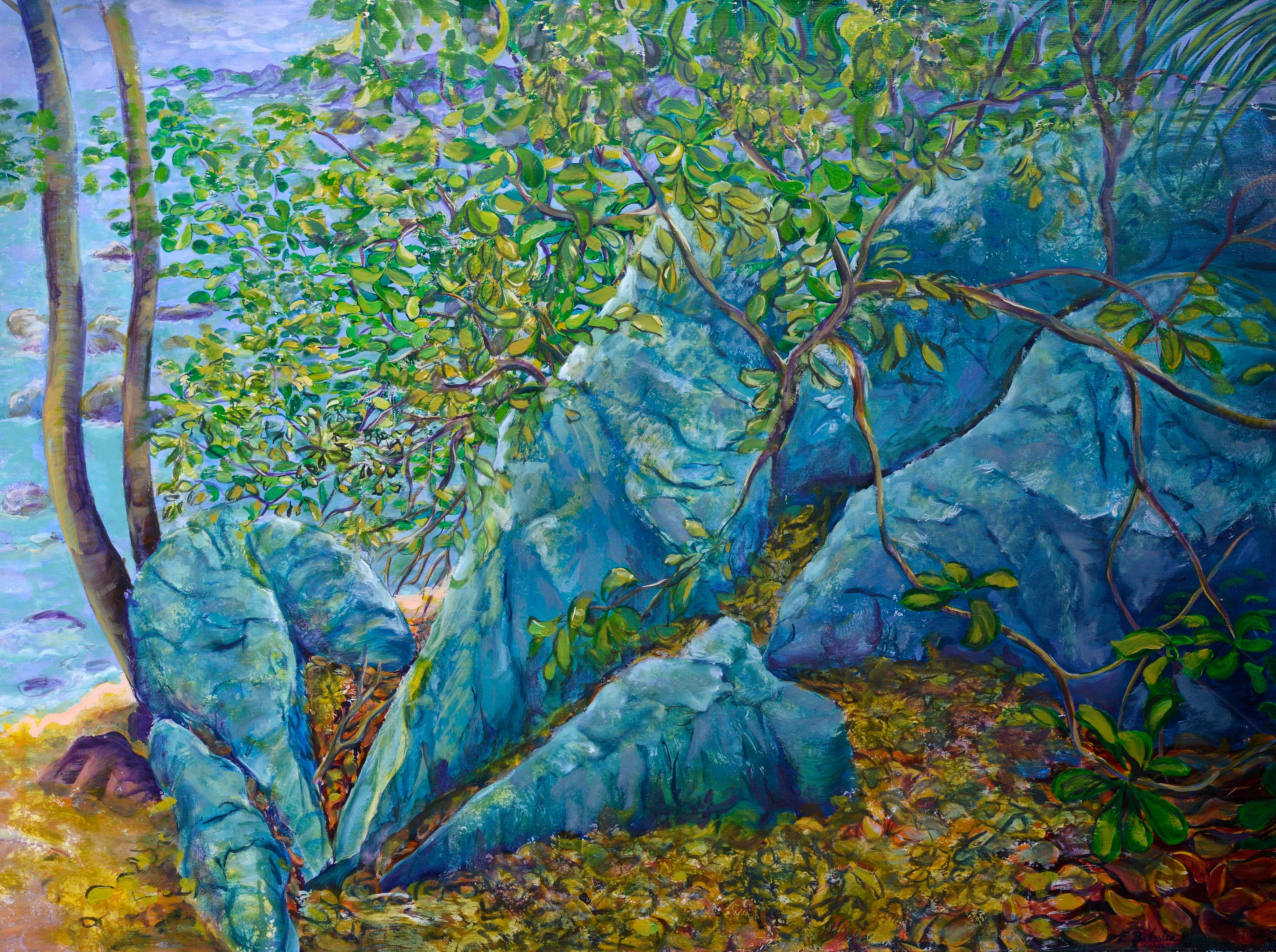 Evelyne Ballestra Landscape Painting – Pierres Bleues des Seychelles