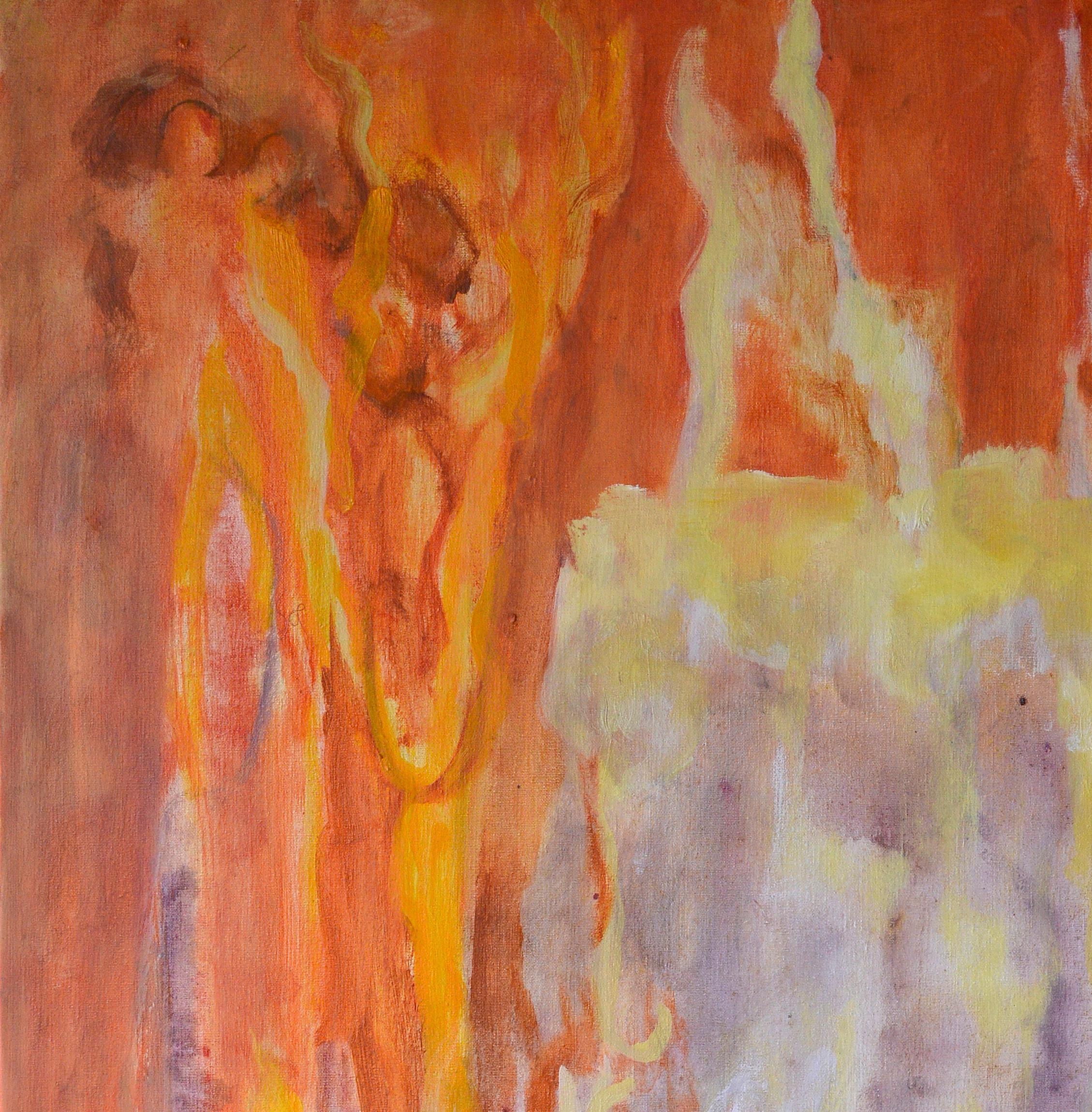 Window to the Light - Orange Figurative Painting by Evelyne Ballestra