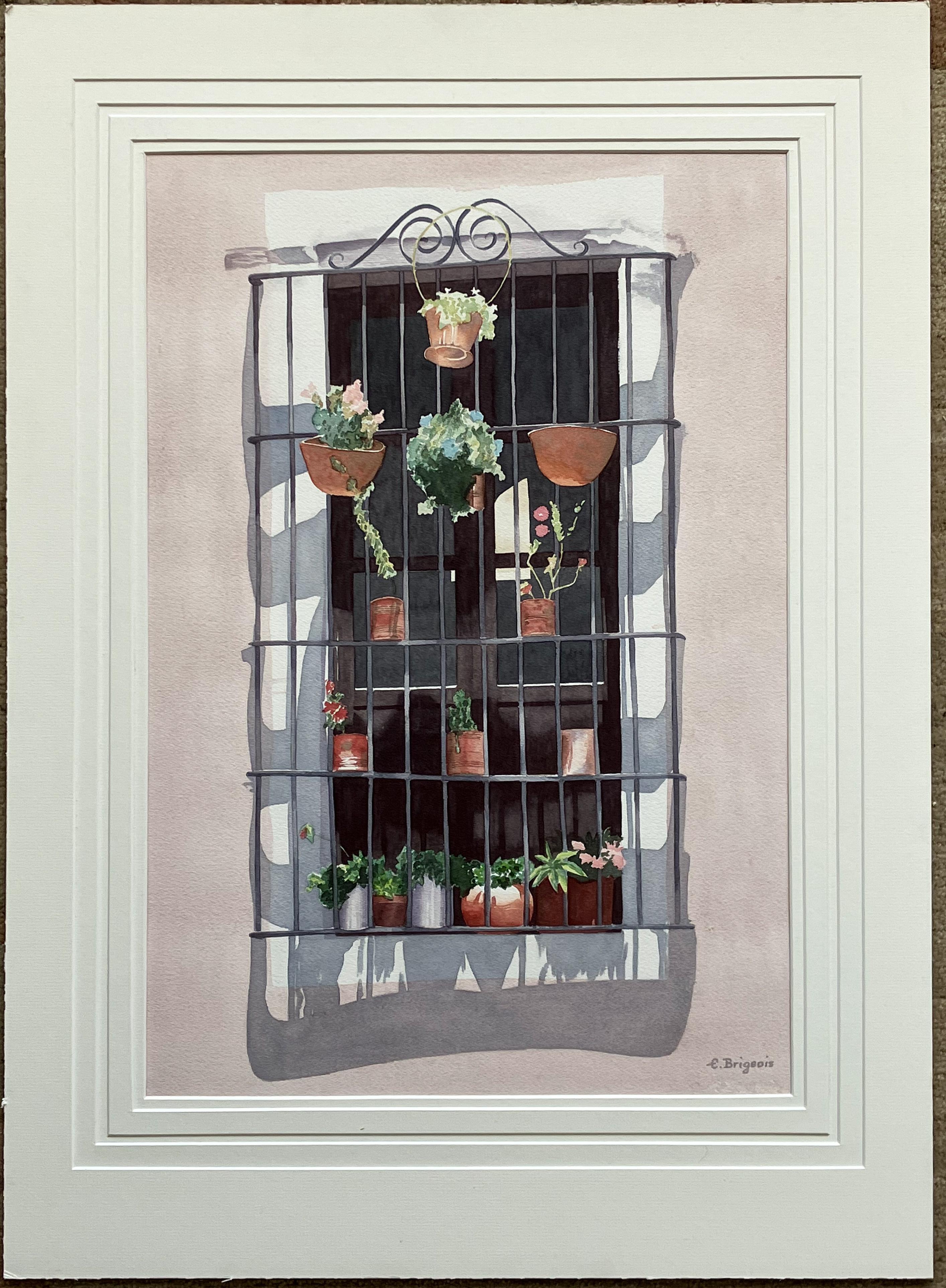 Guanajuato Window - Gray Landscape Painting by Evelyne Brigeois