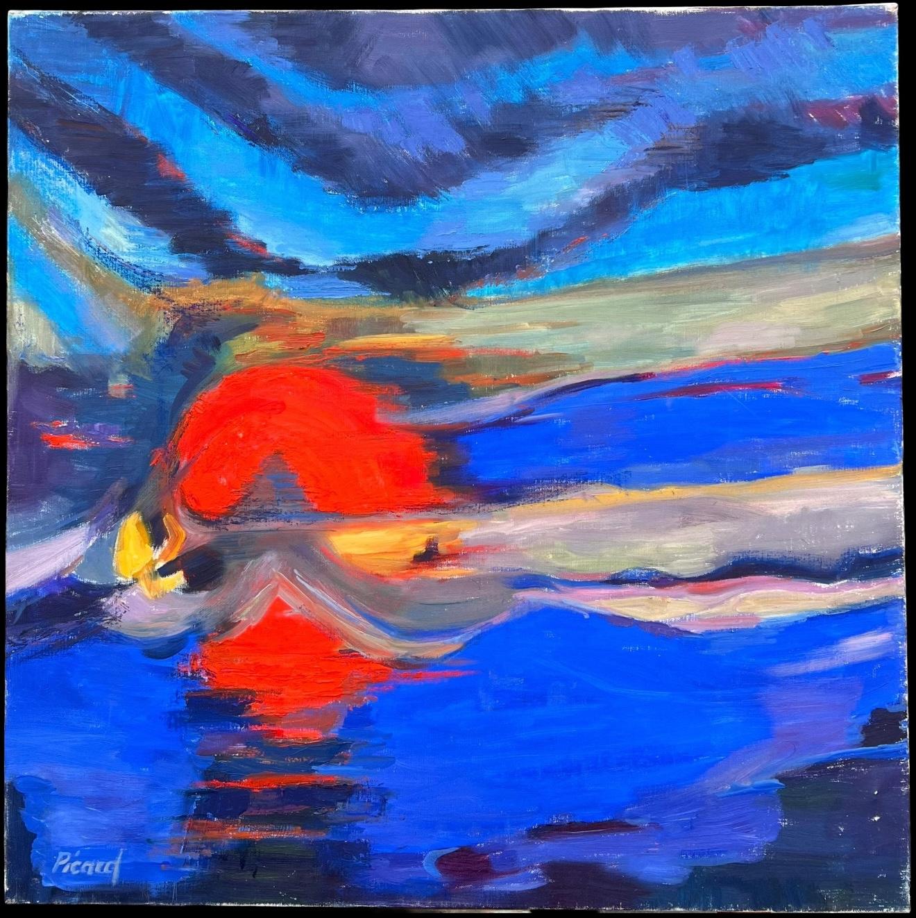 Enorme Pintura Francesa Contemporánea Abstracta Composición Atardecer Rojo Cielos Azules - Painting de Evelyne Picard