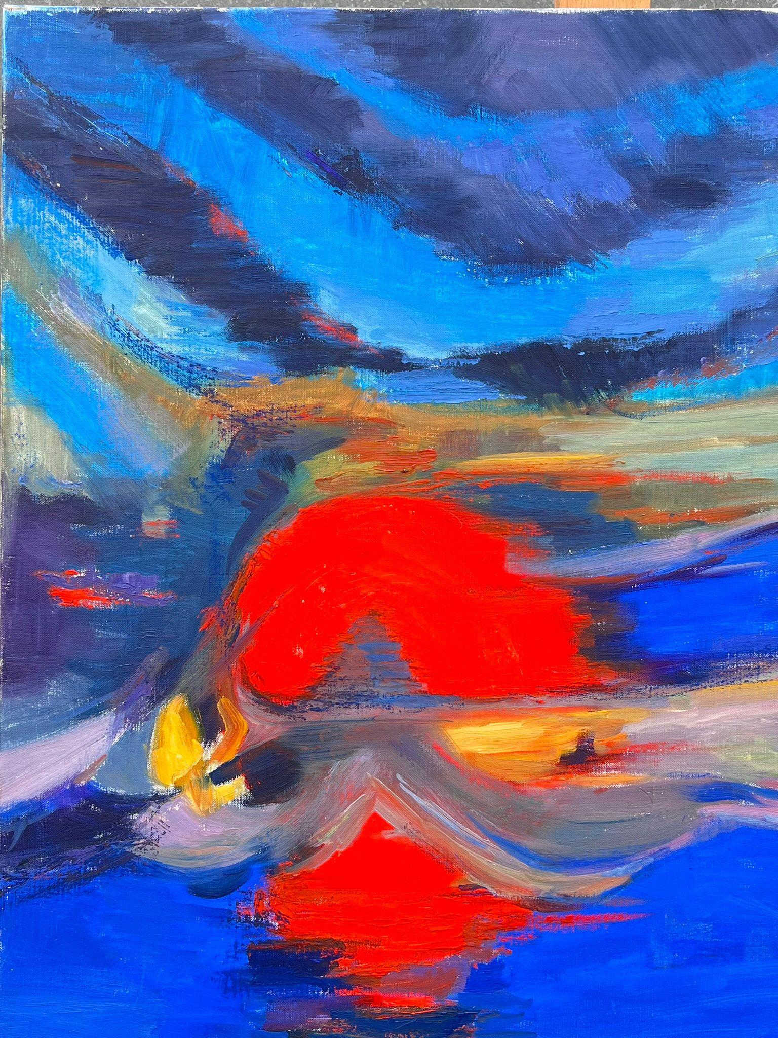 Enorme Pintura Francesa Contemporánea Abstracta Composición Atardecer Rojo Cielos Azules - Painting Moderno de Evelyne Picard