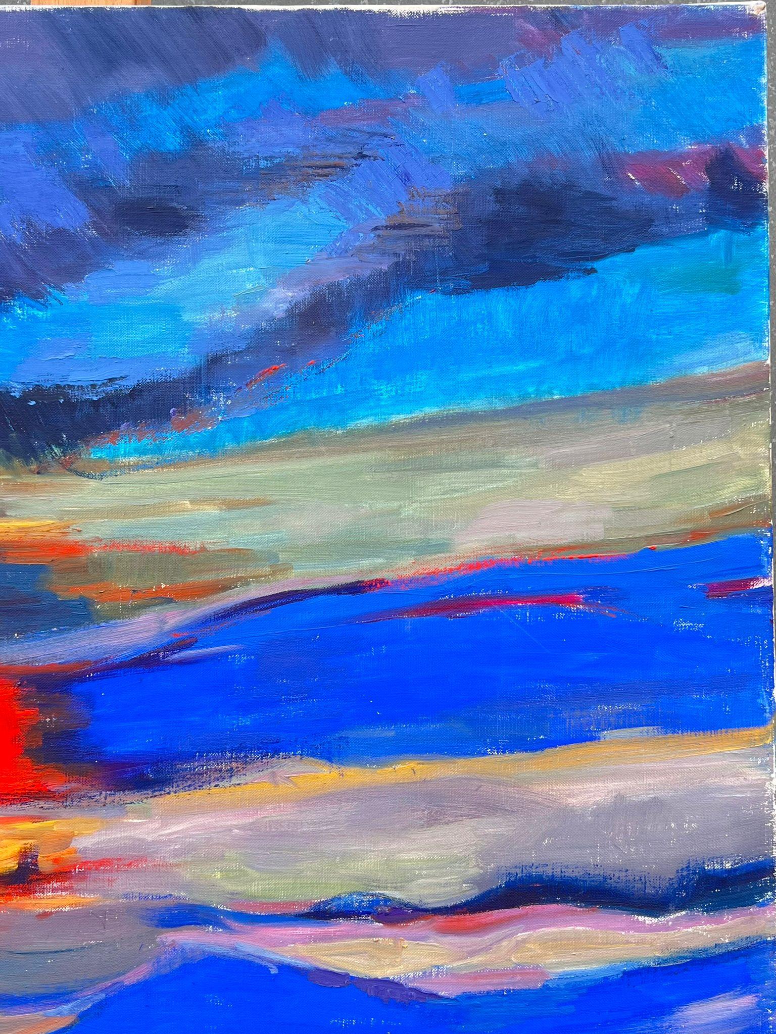 Enorme Pintura Francesa Contemporánea Abstracta Composición Atardecer Rojo Cielos Azules en venta 1