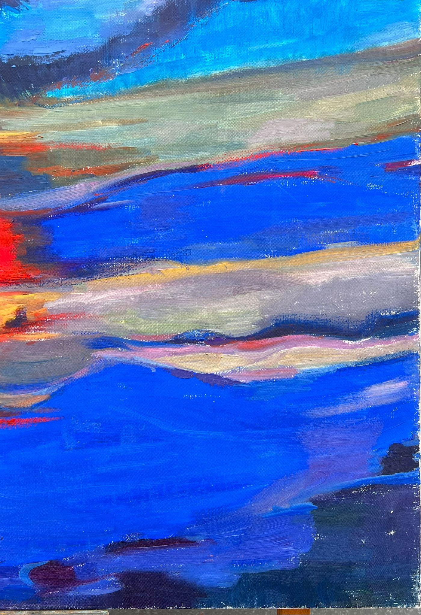 Enorme Pintura Francesa Contemporánea Abstracta Composición Atardecer Rojo Cielos Azules en venta 2