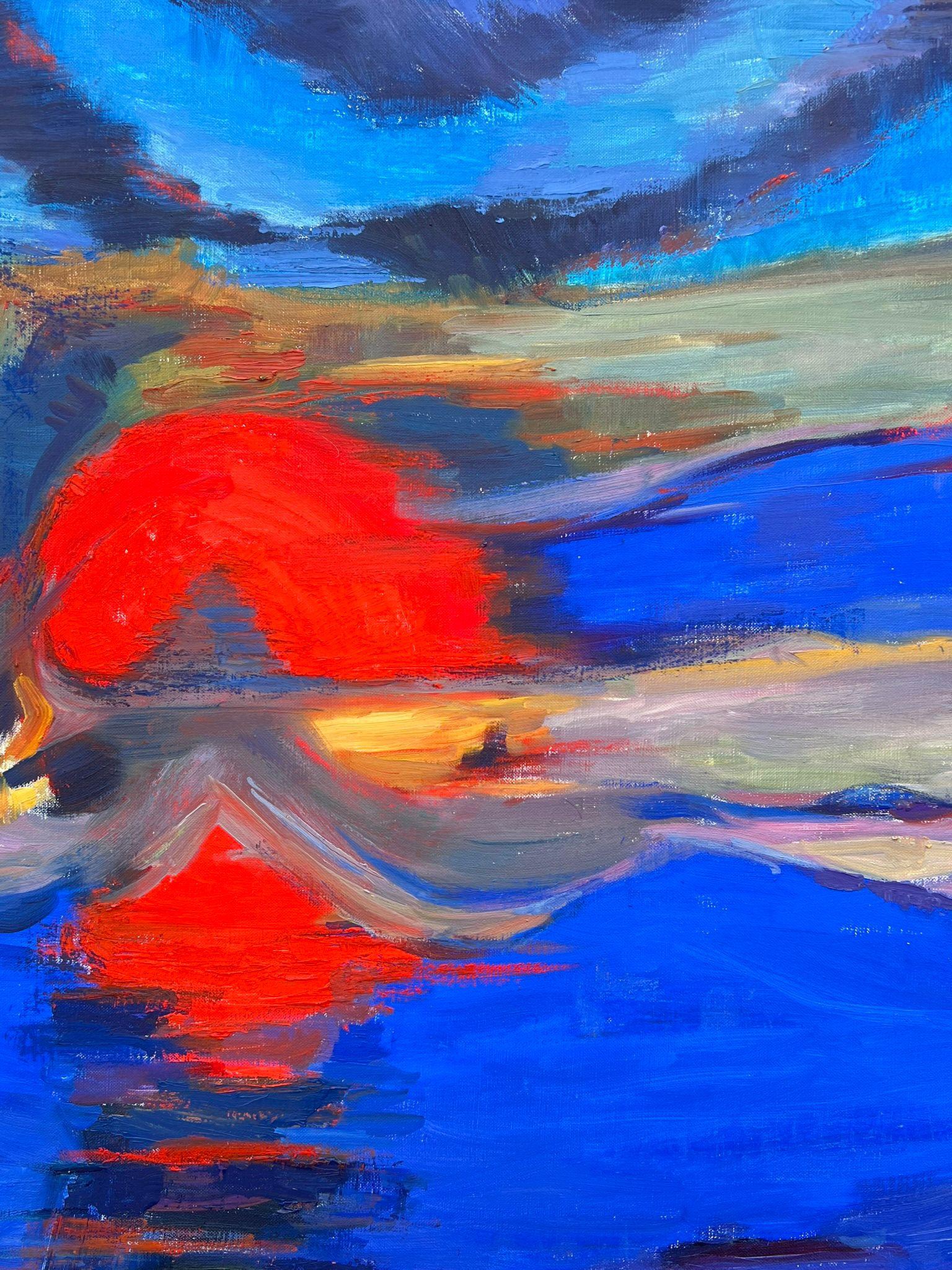 Enorme Pintura Francesa Contemporánea Abstracta Composición Atardecer Rojo Cielos Azules en venta 3