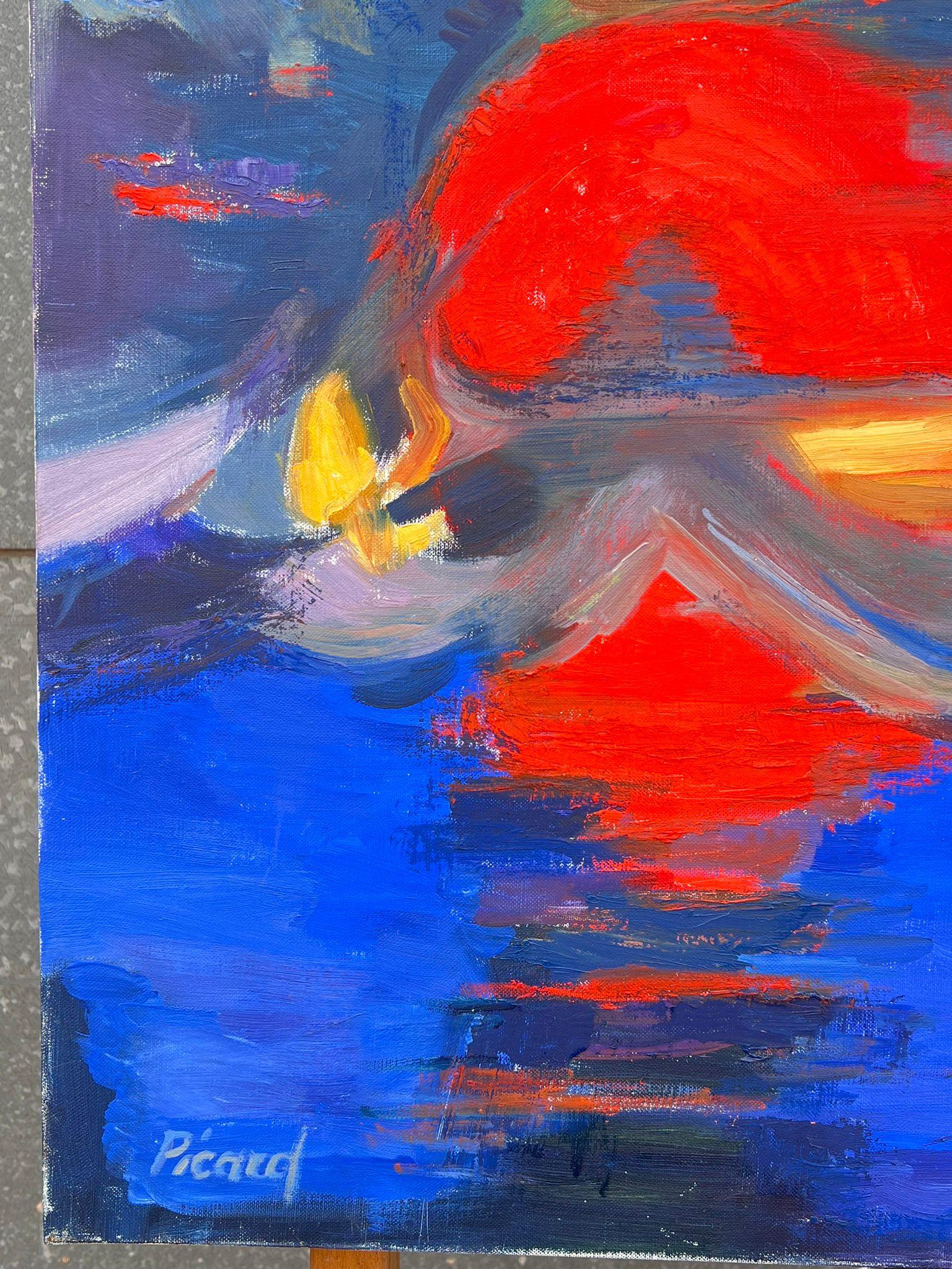 Enorme Pintura Francesa Contemporánea Abstracta Composición Atardecer Rojo Cielos Azules en venta 5