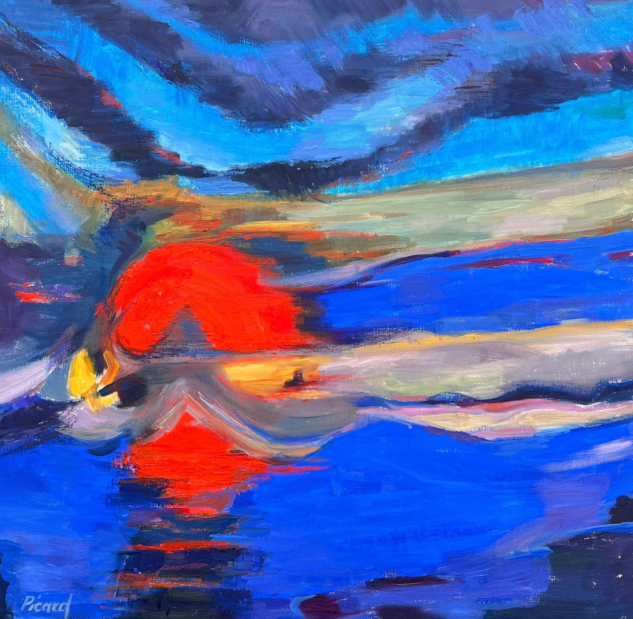 Énorme peinture française contemporaine abstraite composition coucher de soleil rouge ciel bleu