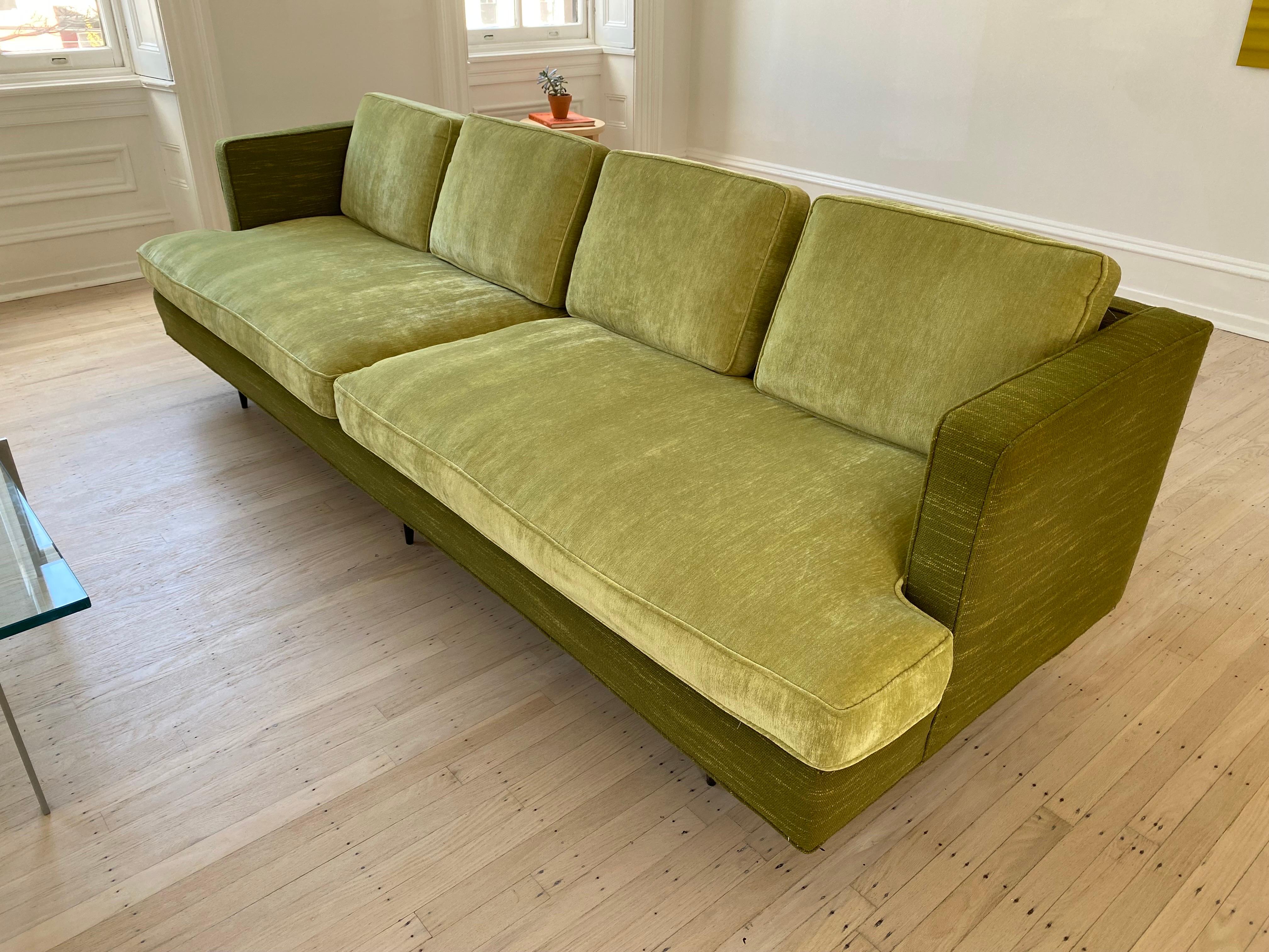 This well loved sofa traveled back and forth with the Original Owner from East Coast to West Coast and Back again! Has the look of a Wormley for Dunbar Sofa with Measurements about the same as well. Outer Body was reupholstered in the late 70's and