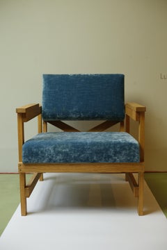 Even-Thick-Even-Wide Armchair Oak in Blue Velvet, Piet Hein Eek