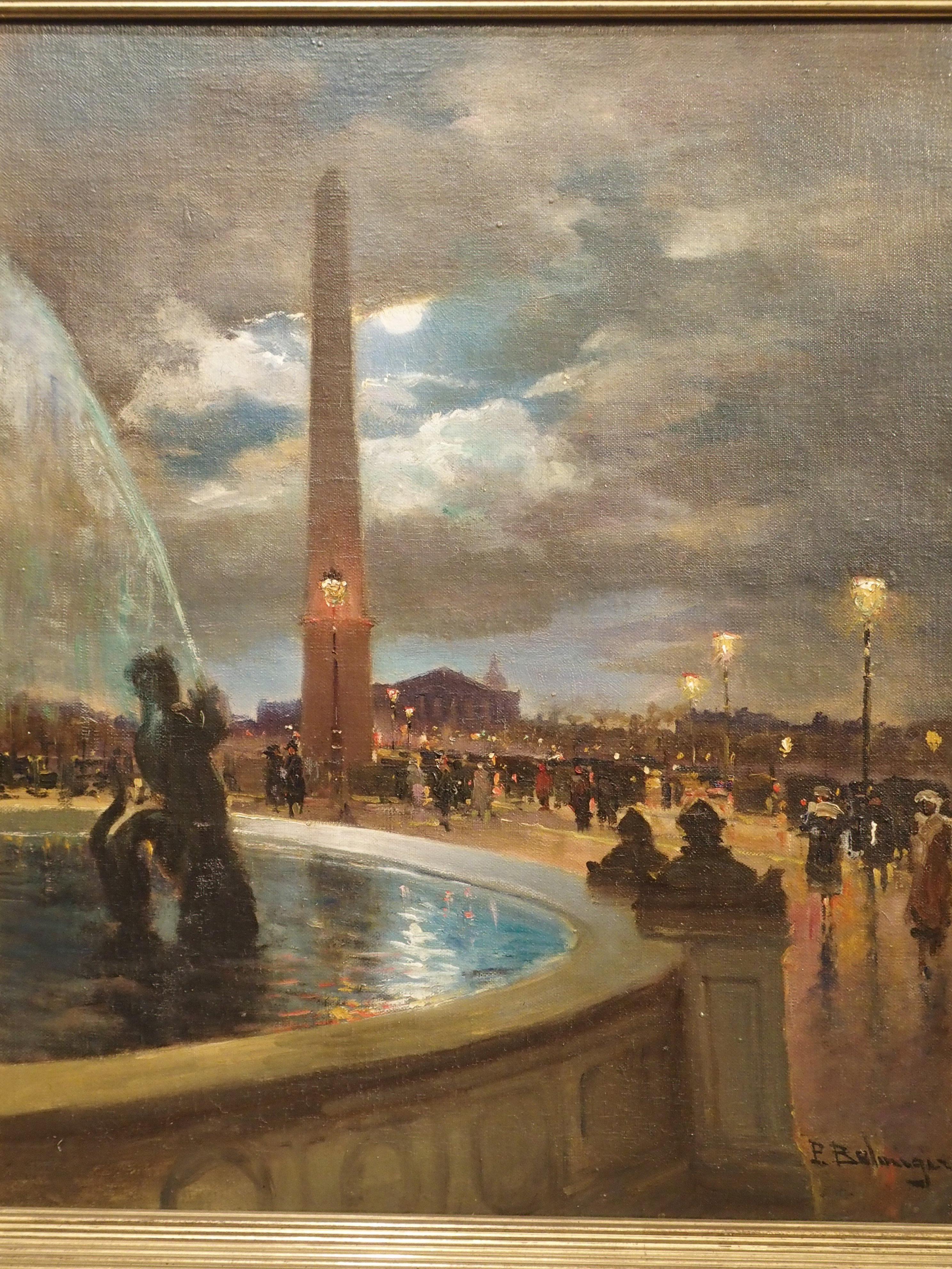 This oil on canvas painting depicts the famous La Place de la Concorde in Paris. It is by the French painter, Paul Balmigere (1882-1953), who became known for his Parisian cityscapes as well as rural landscapes. His play on light is particularly