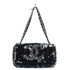 Evening bag in black and silver sequin, leather and chain handle Chanel 