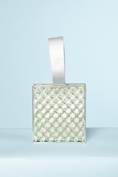 Evening bag in pale grey silk satin and green rhinestone Daniel Swarovski