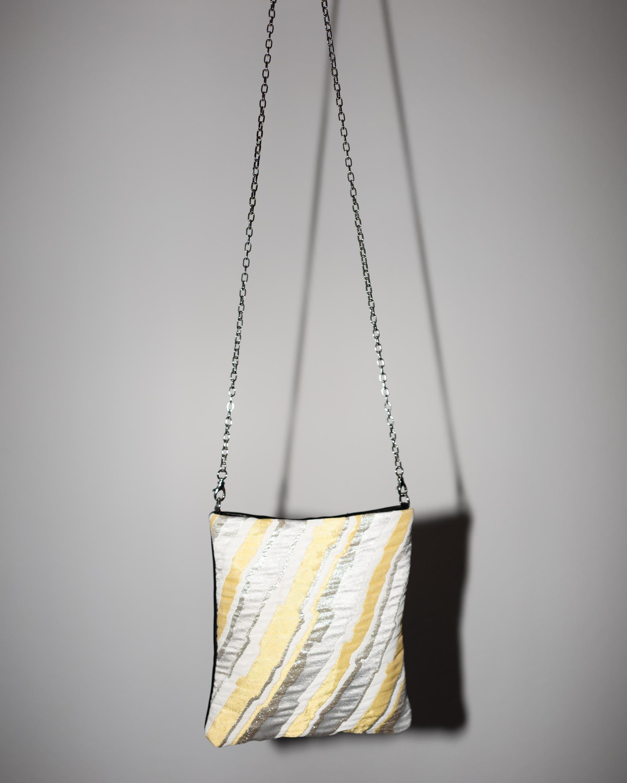 Evening Bag Pastel Silver Lurex White Yellow Brocade Black Leather Chain In New Condition In Los Angeles, CA