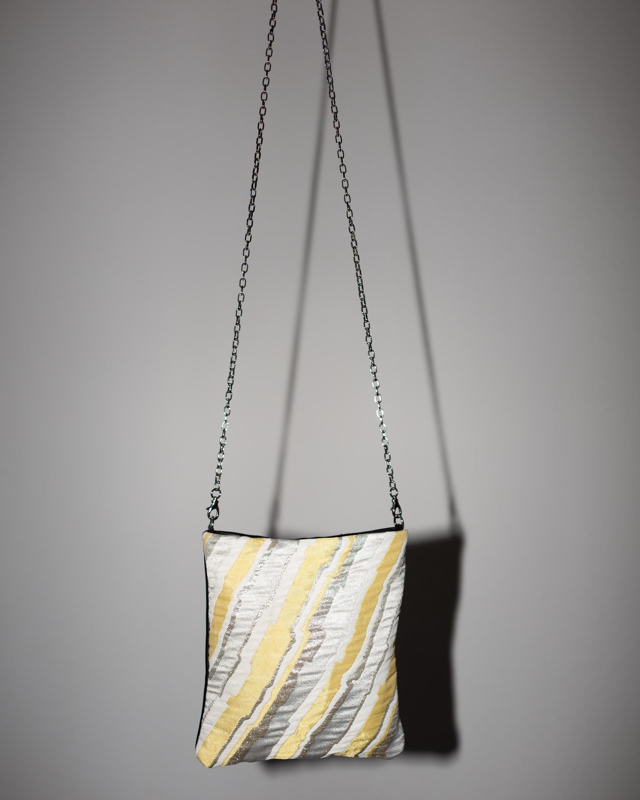 Women's Evening Bag Pastel Silver Lurex White Yellow Brocade Black Leather Chain
