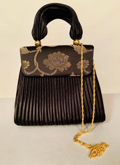 Evening Bag with Black Fortuny Style Pleats and Gold and Silver Brocade Accent