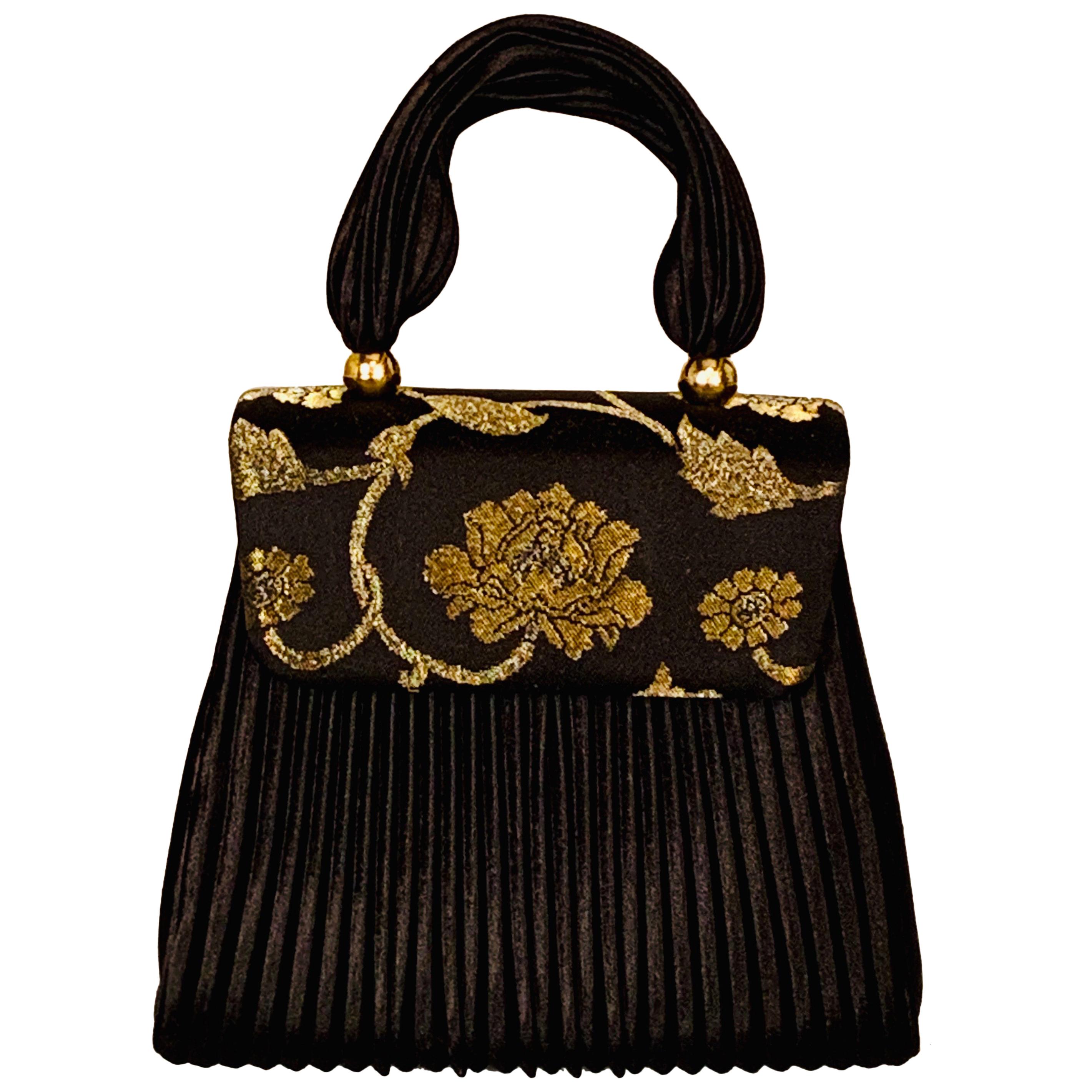 Evening Bag with Black Fortuny Style Pleats and Gold and Silver Brocade Accent